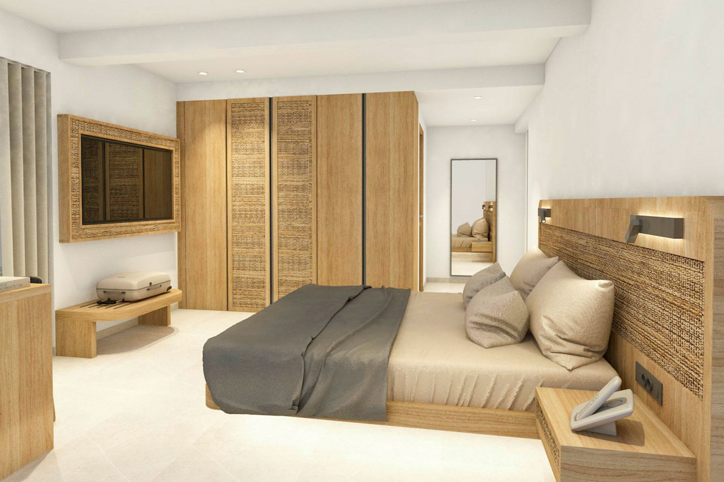 Et hotellrom design med en moderne seng, tret detaljer og minimalistiske møbler. (AI-generert tekst)