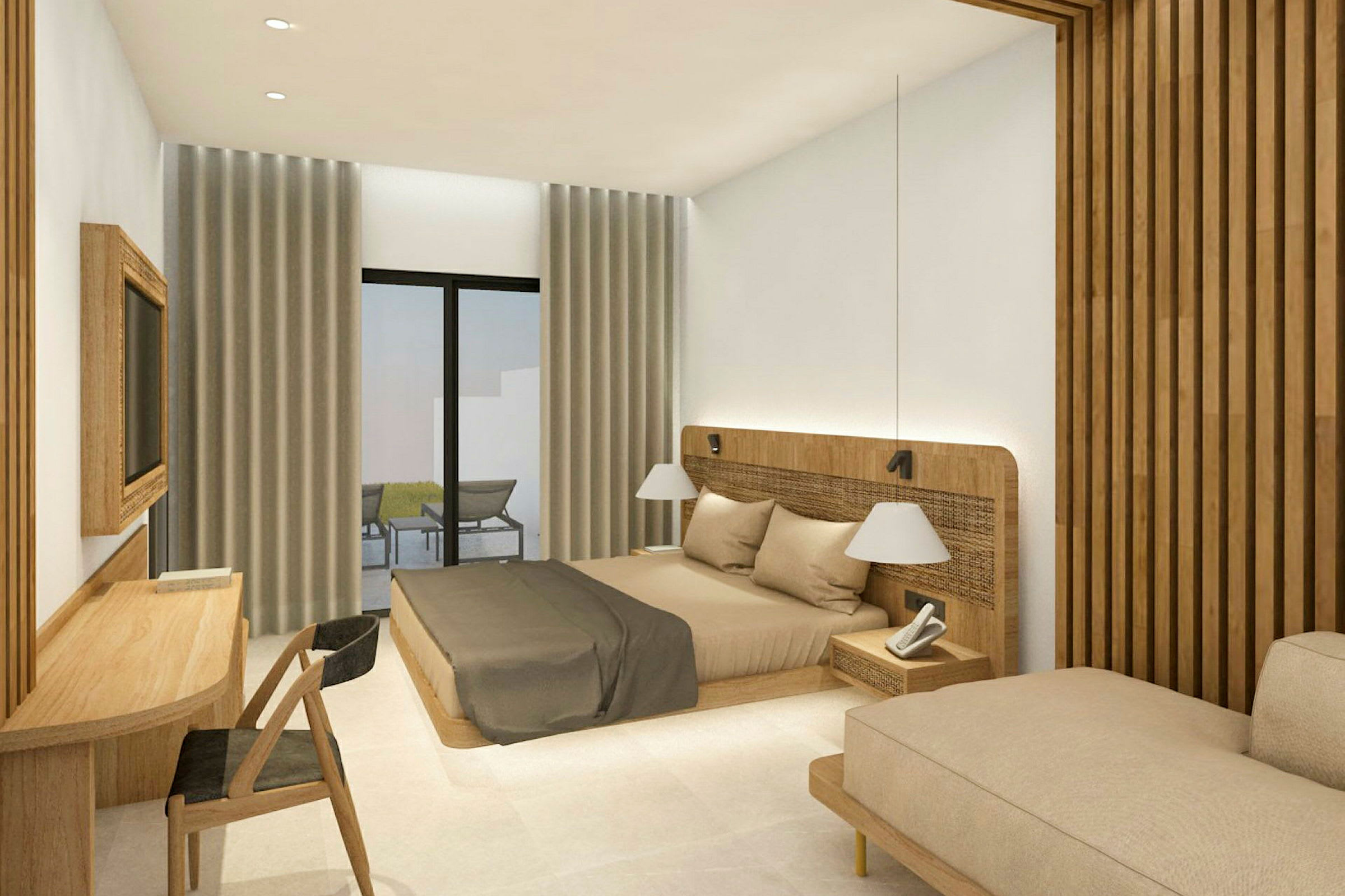 Et hotellrom med moderne innredning, en dobbeltseng, skrivebord og en sofa. Store vinduer med gardiner og utsikt mot en terrasse. (AI-generert tekst)