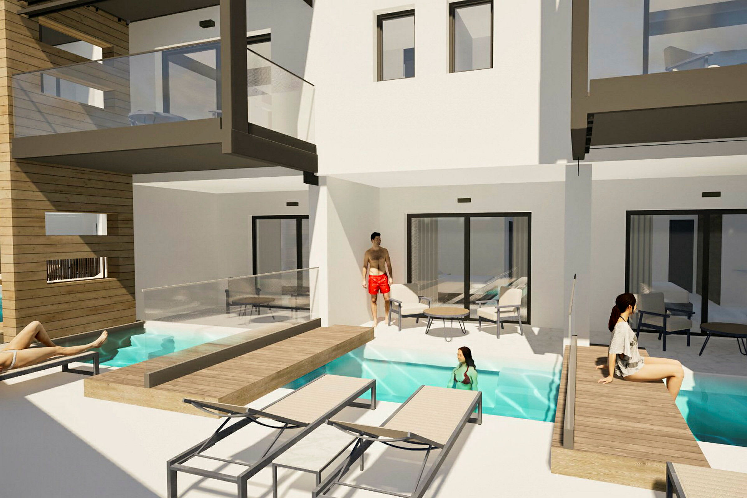 Bildet viser en moderne leilighetsbygning med balkonger og et smalt basseng omgitt av solsenger og terrasse. (AI-generert tekst)