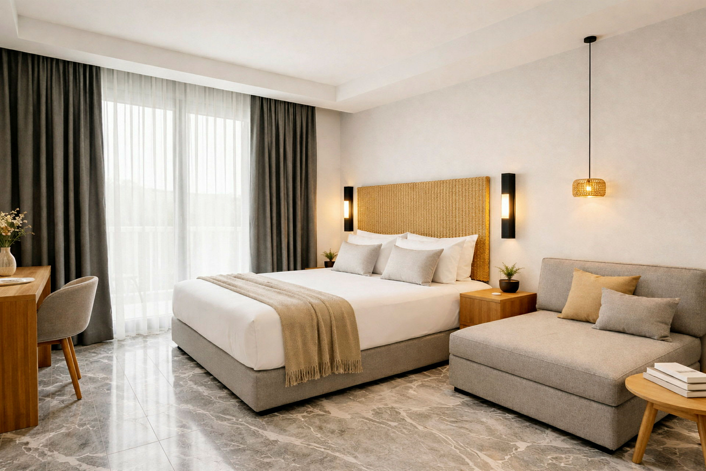 Et moderne hotellrom med dobbeltseng, en grå sofa og et skrivebord. Rommet har store vinduer med hvite og grå gardiner. (AI-generert tekst)