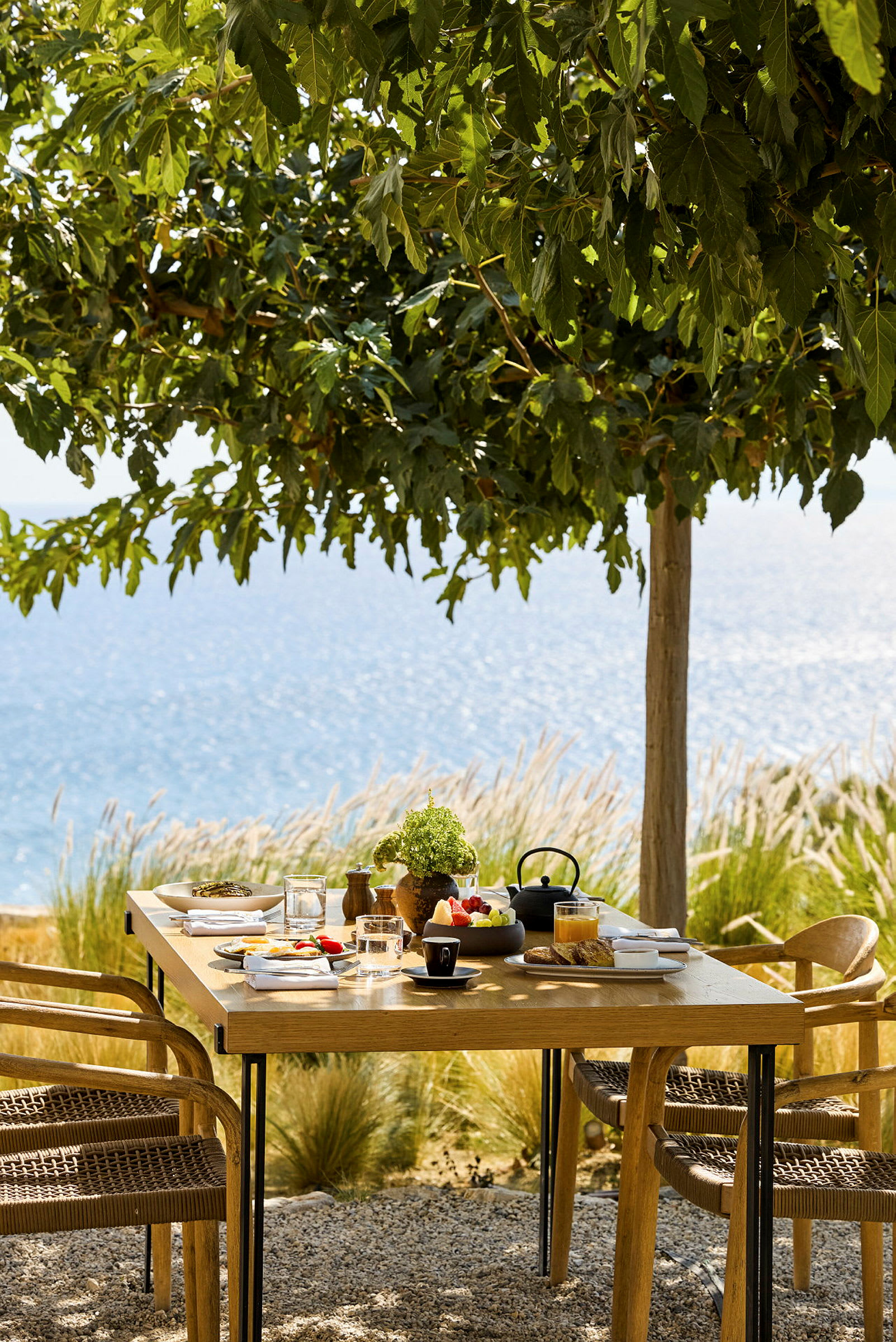 Et tre gir skygge over et utendørs bord som er dekket til frokost med utsikt over havet. (AI-generert tekst)