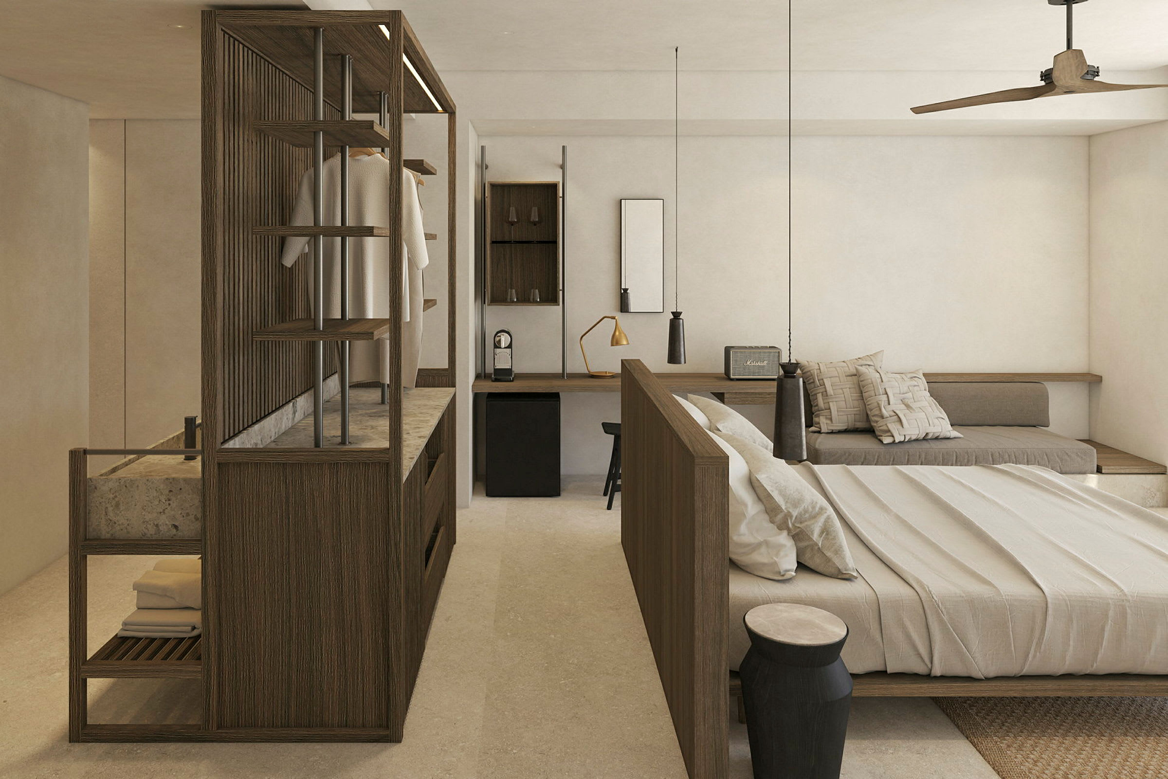 Moderne hotellrom med treinteriør og lyse farger. (AI-generert tekst)