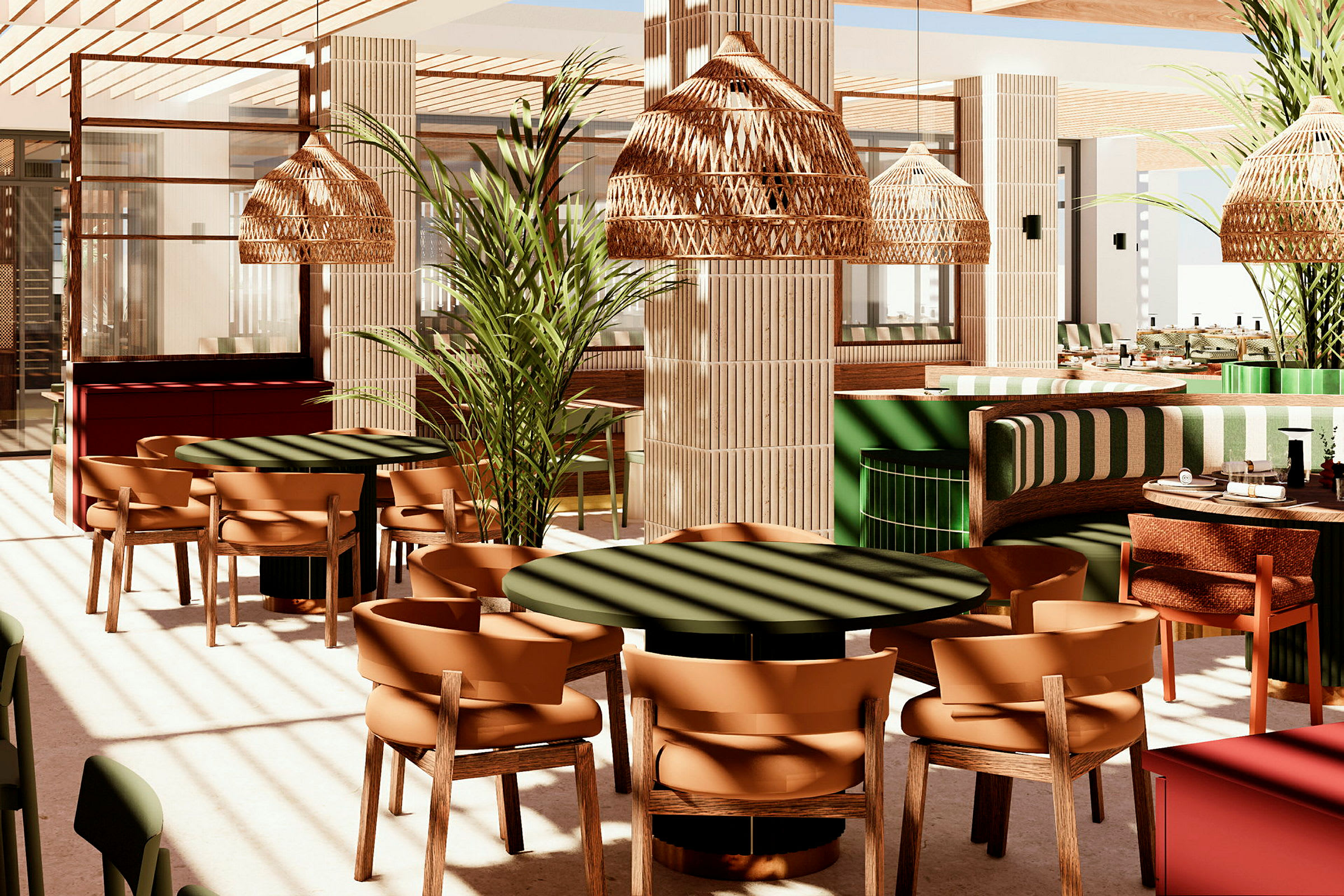 En restaurantinnredning med trestoler, runde bord og planter, samt taklamper i flettet design. (AI-generert tekst)