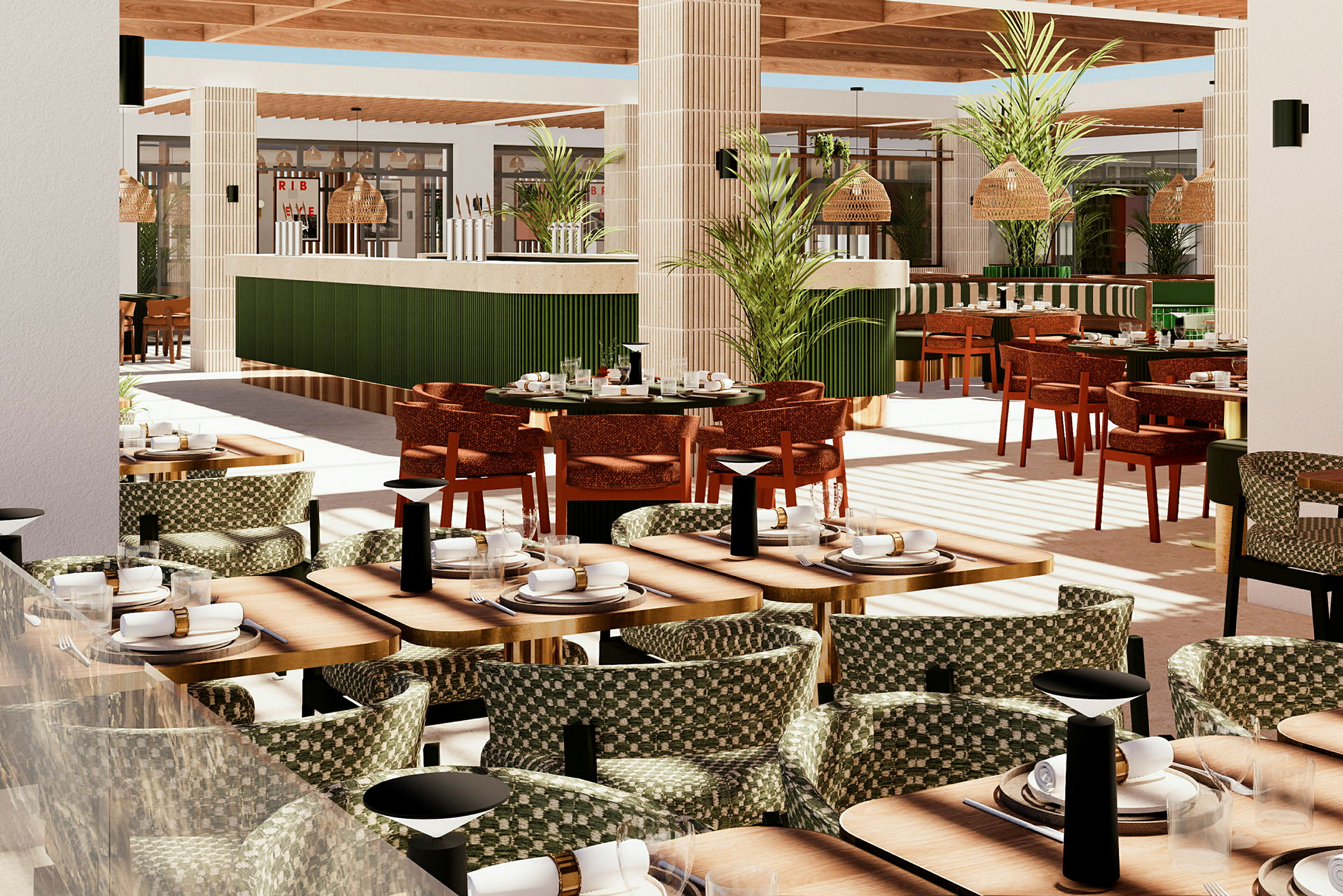 Bilde av en restaurant med mange dekkede bord og stoler. Moderne innredning med trematerialer og grønne planteinnslag. (AI-generert tekst)