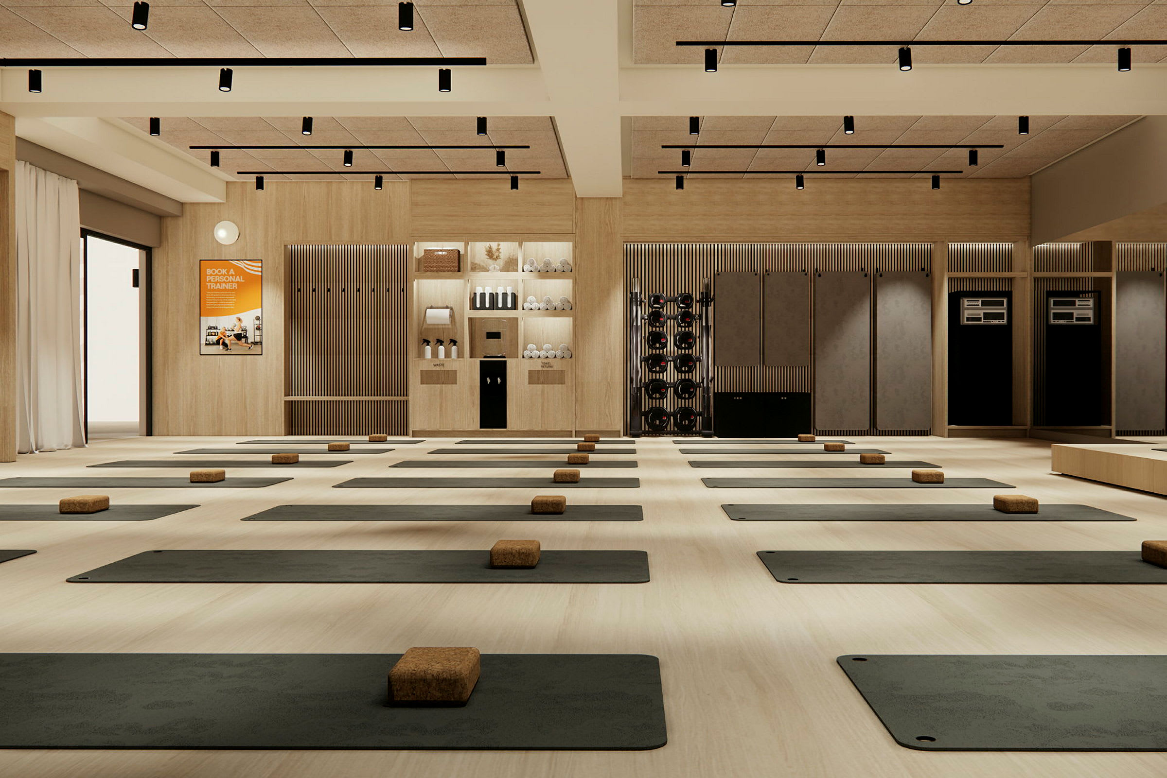 Et treningsrom med yogamatter og klosser på gulvet. (AI-generert tekst)