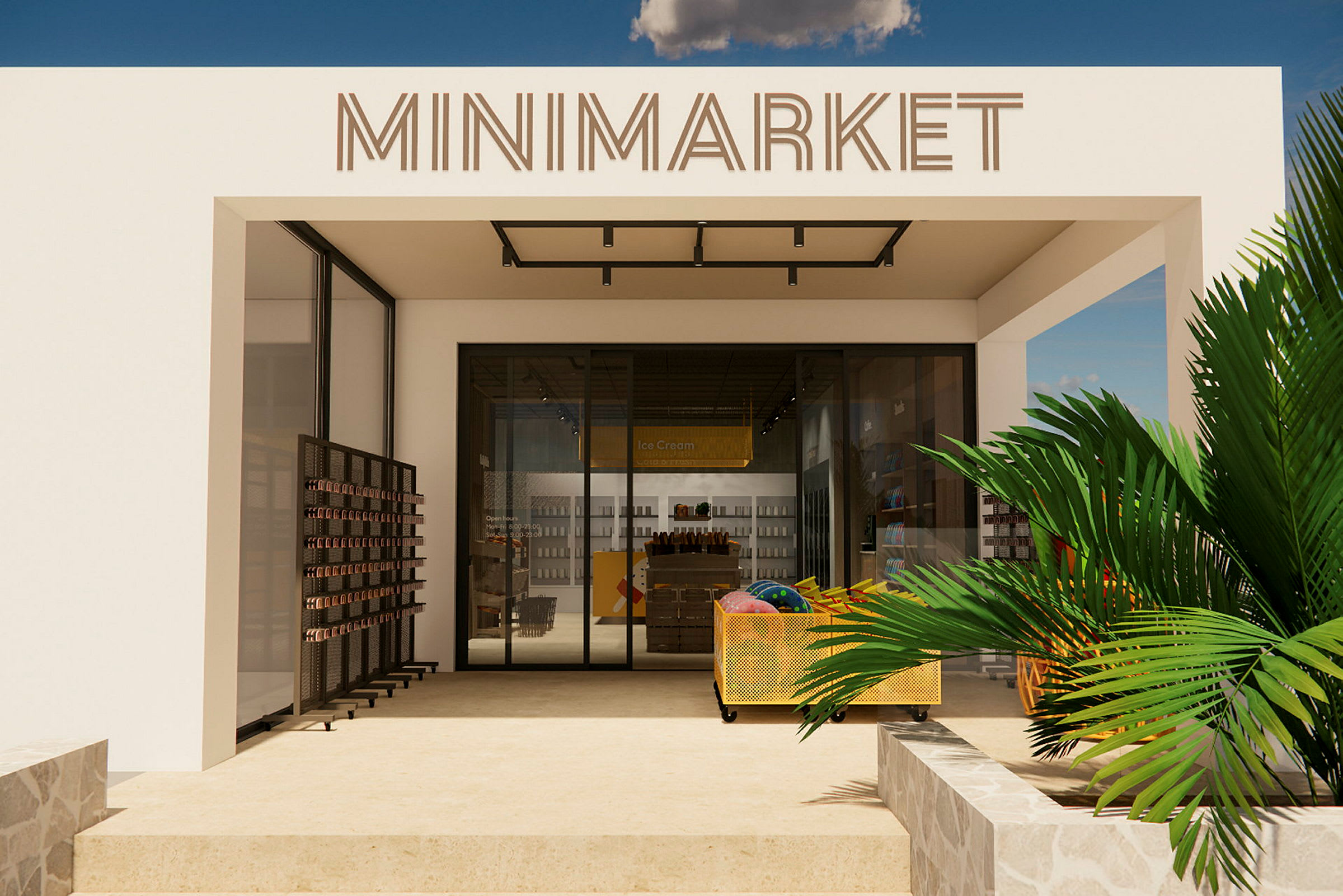 En liten butikk med skiltet "Minimarket" over inngangen, omgitt av sol og grønne planter. (AI-generert tekst)