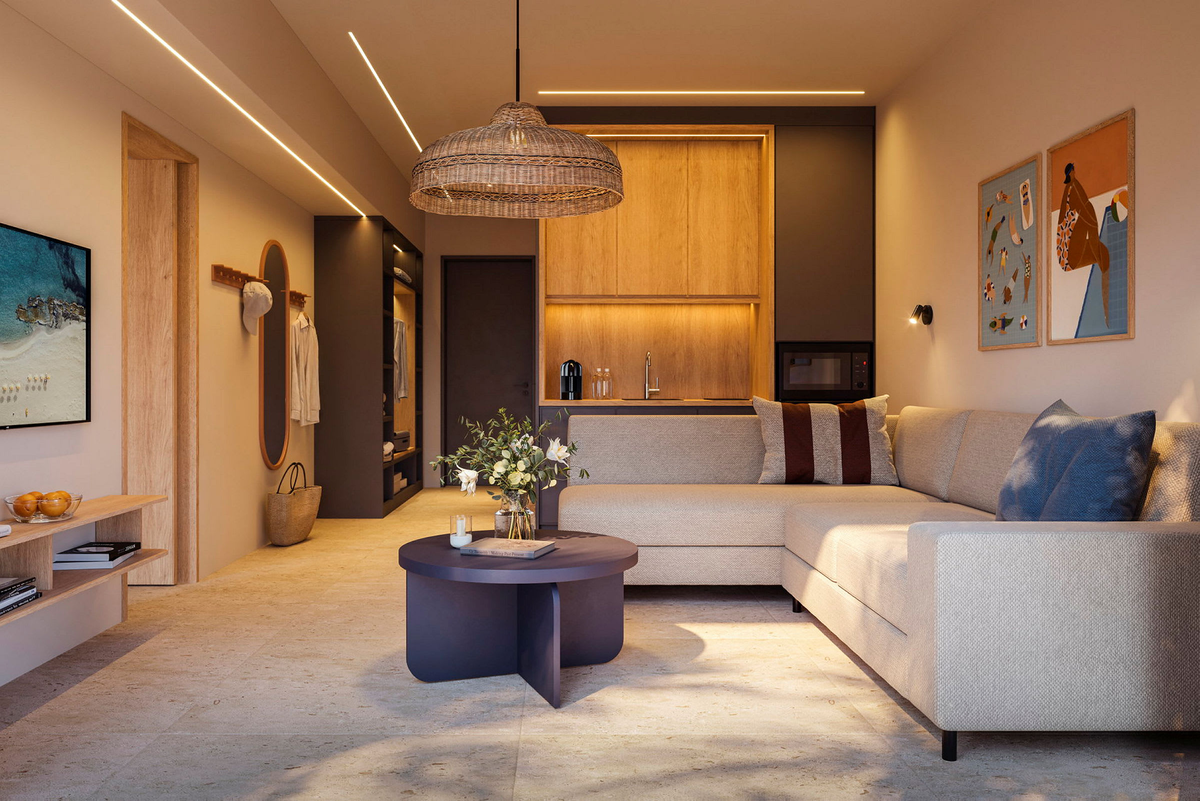 En moderne stue med stilfull innredning bestående av en beige hjørnesofa, et rundt stuebord, dekorasjoner og en lampe i naturlige materialer. Et integrert kjøkken kan sees i bakgrunnen. (AI-generert tekst)