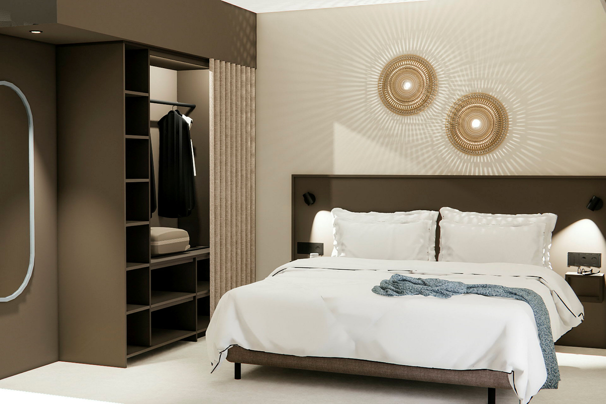 Moderne hotellrom med en dobbeltseng og en åpen garderobe. (AI-generert tekst)