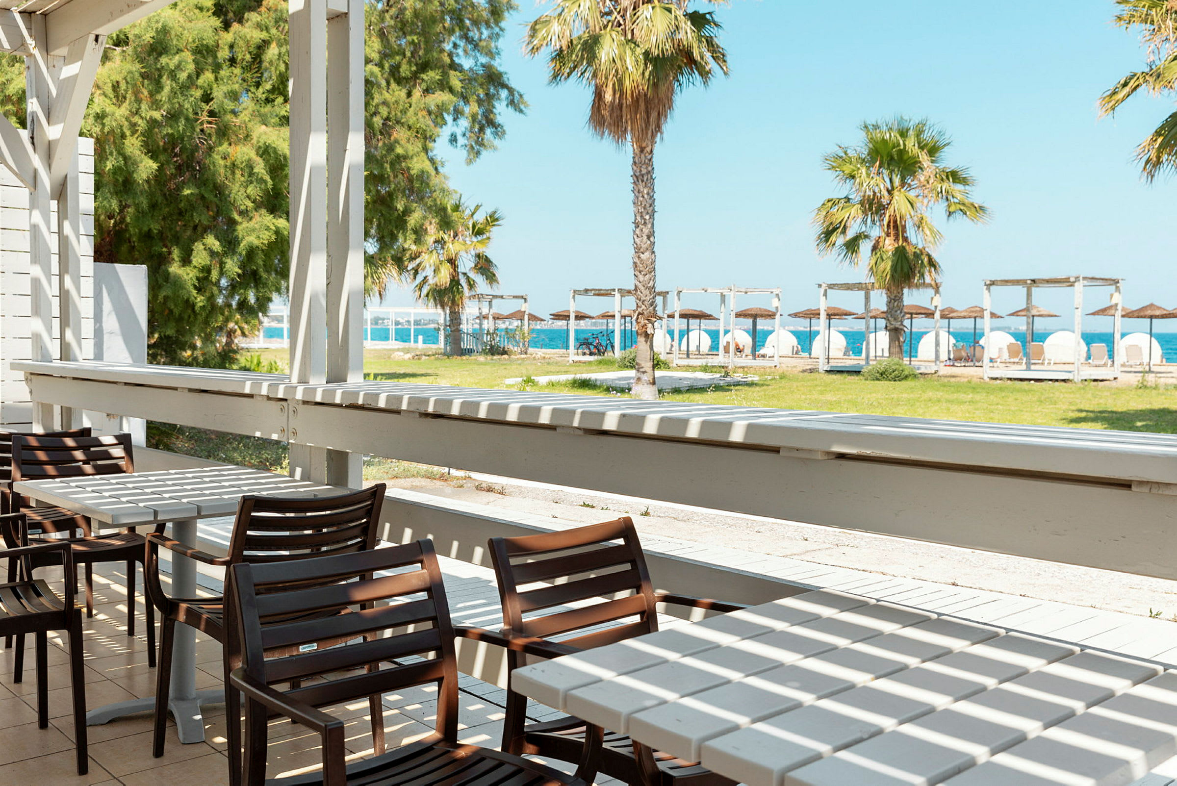 En terrasse med bord og stoler, med utsikt over en grønn gressplen, palmer og stranden i bakgrunnen. (AI-generert tekst)
