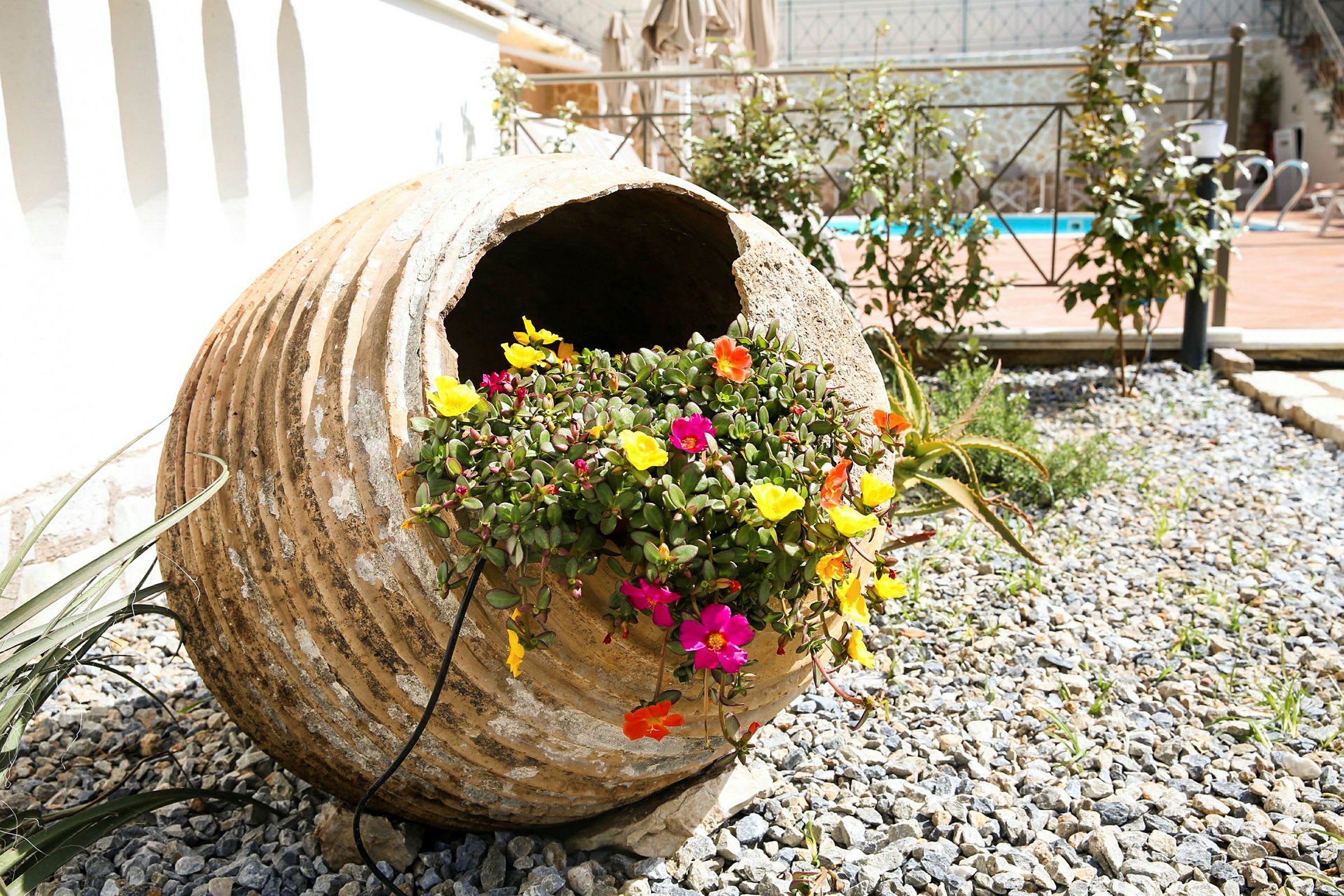 Stor terrakottapotte fylt med fargerike blomster på en grusplass. (AI-generert tekst)