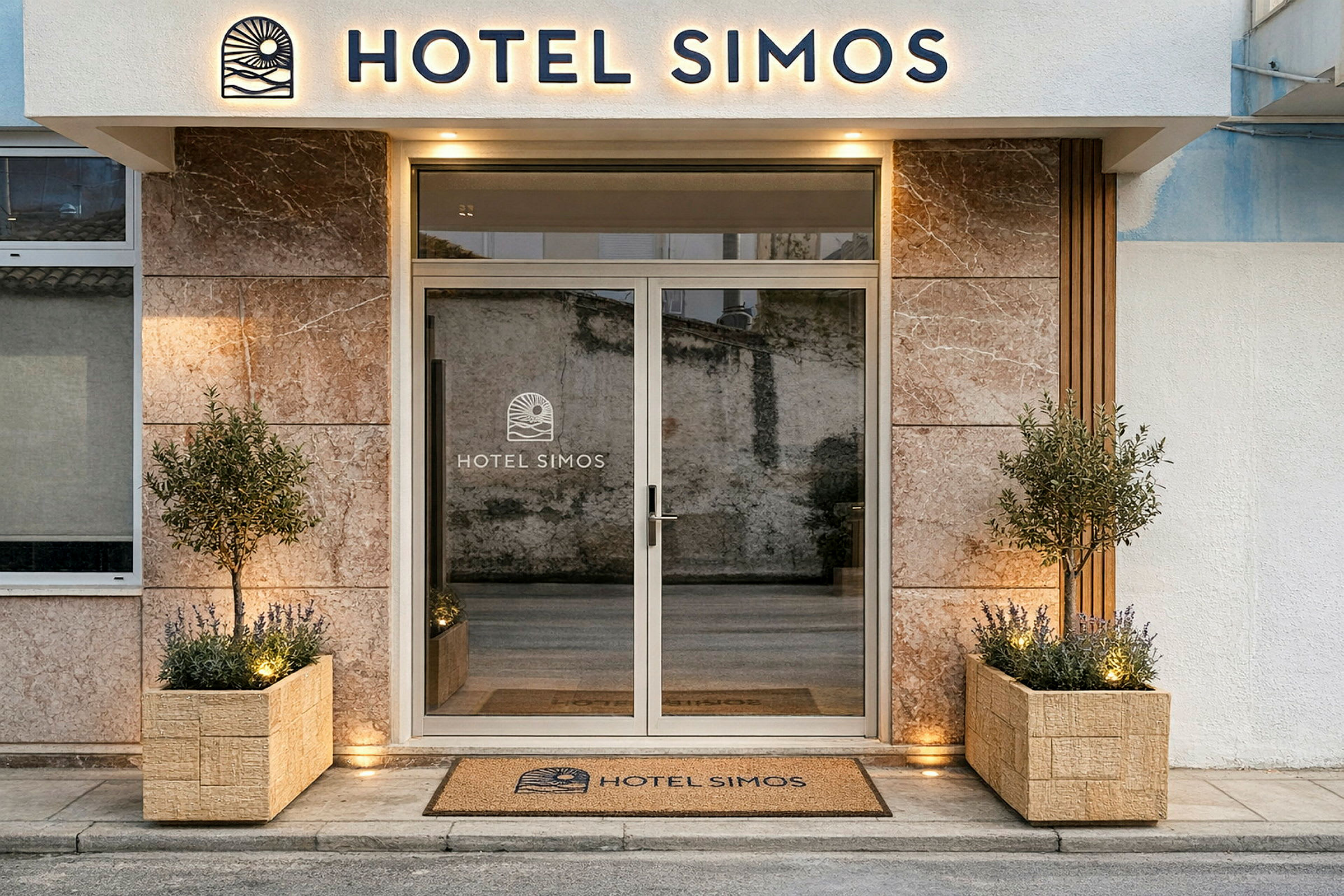 Inngang til Hotel Simos med dekorerte blomsterkasser og en glassdør. (AI-generert tekst)