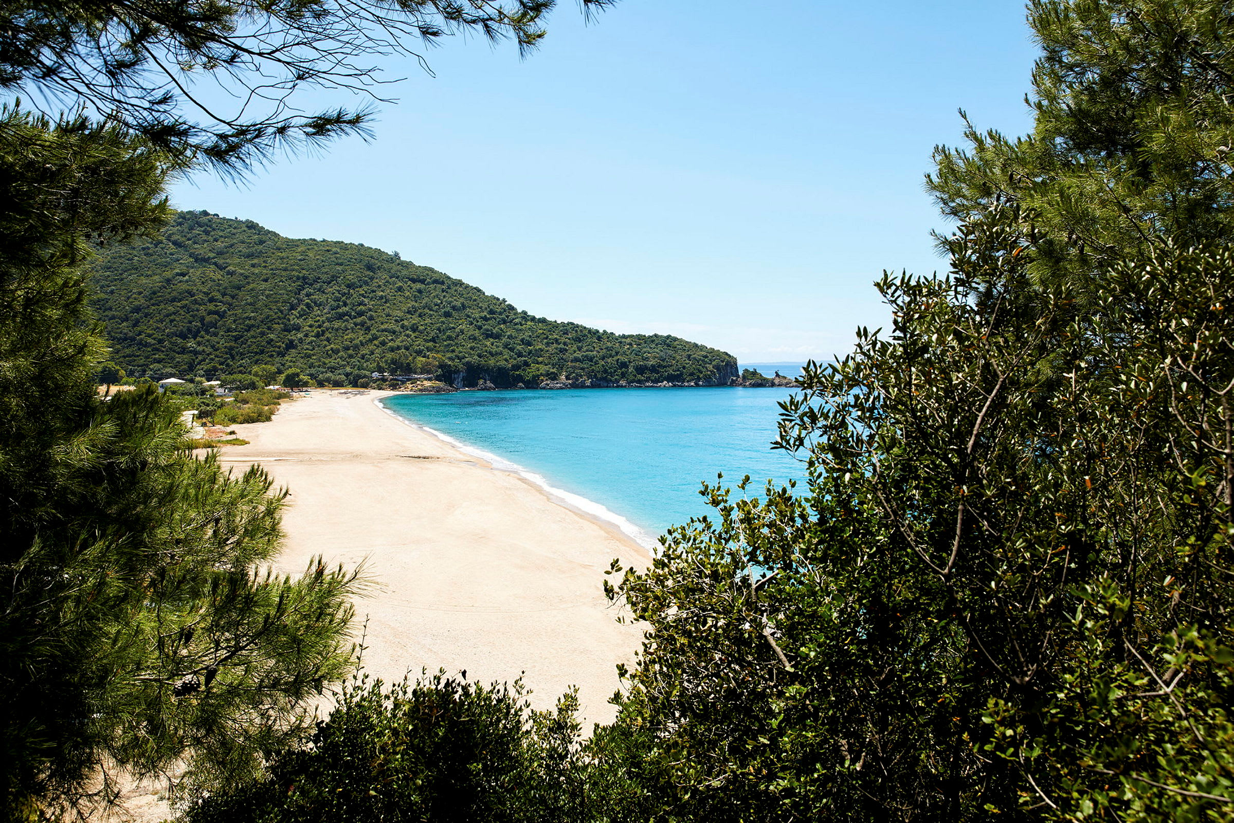 En sandstrand med turkist vann, omgitt av grønne områder og skog. (AI-generert tekst)