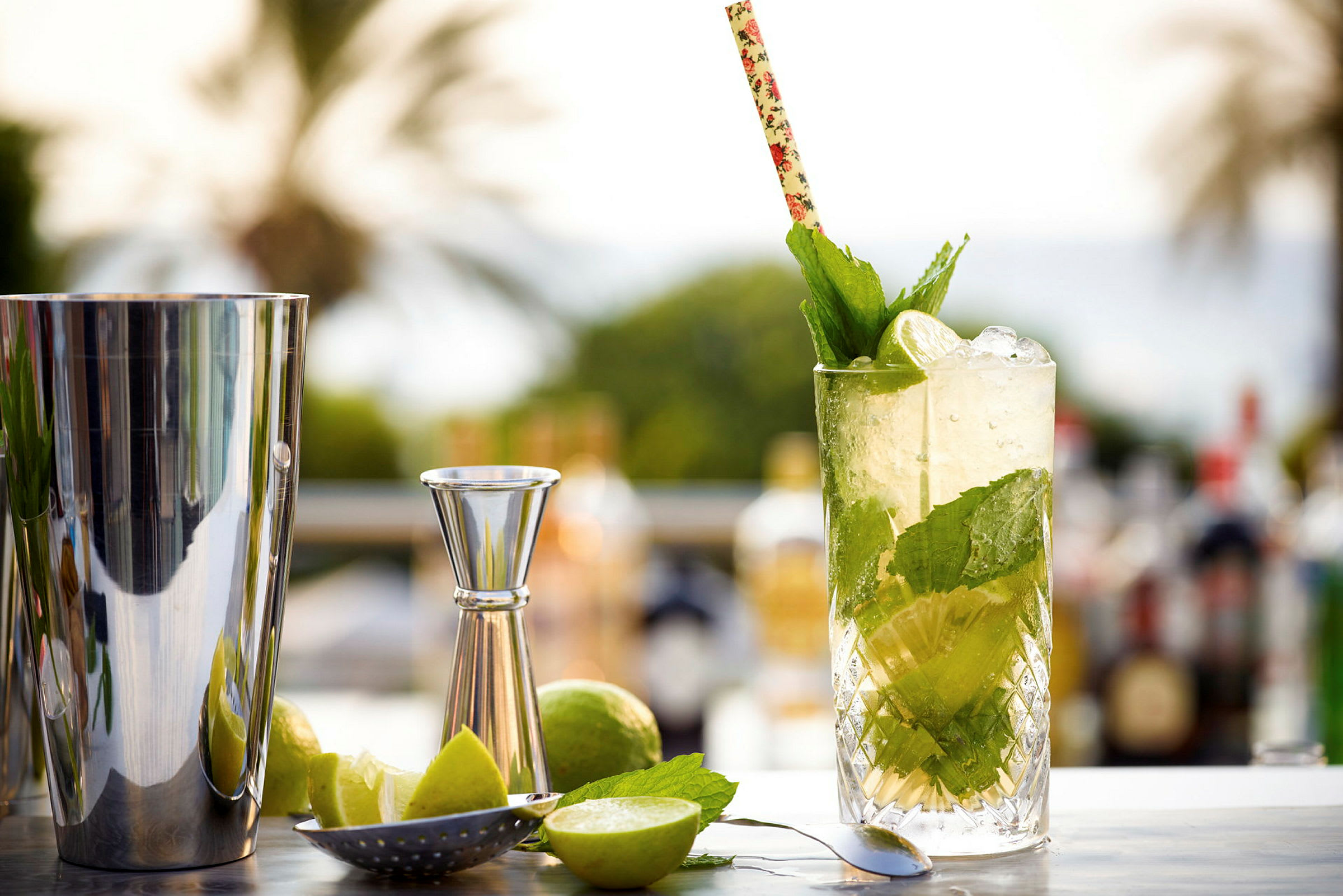 Et glass med en mojito er dekorert med et sugerør og mynte, omgitt av bartenderutstyr. (AI-generert tekst)