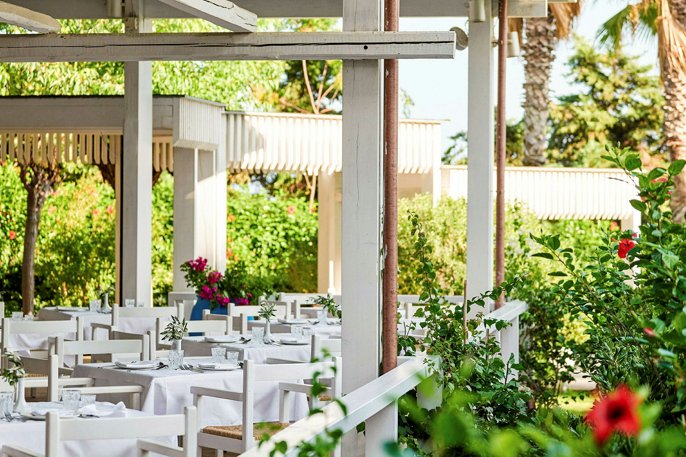 Utendørs restaurant med hvite bord og stoler, omgitt av grøntområder og blomster. (AI-generert tekst)
