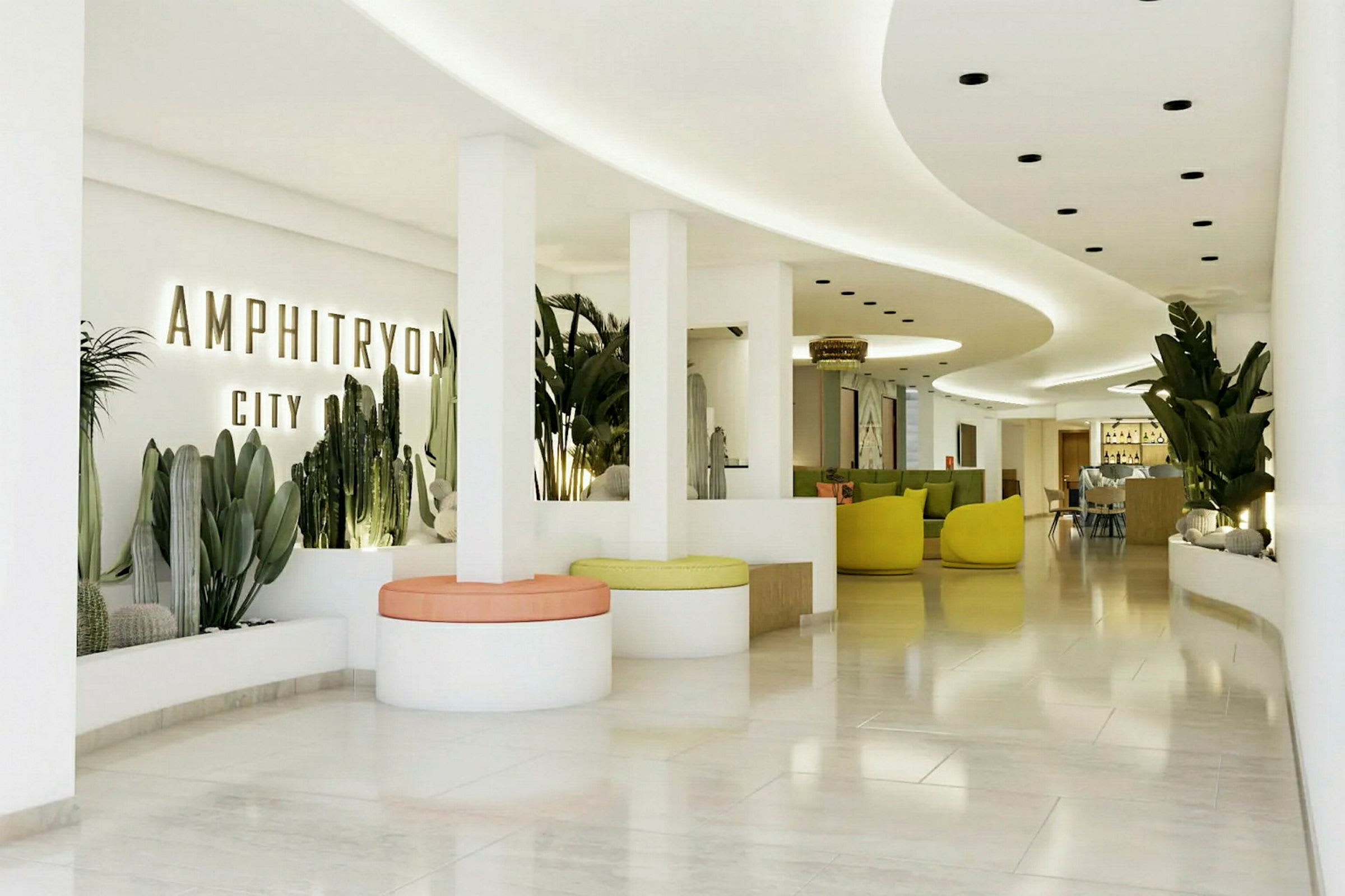 Interiørbilde av et moderne og lyst hotell med vegger dekorert med planter, sitteplasser og et plankegulv. (AI-generert tekst)