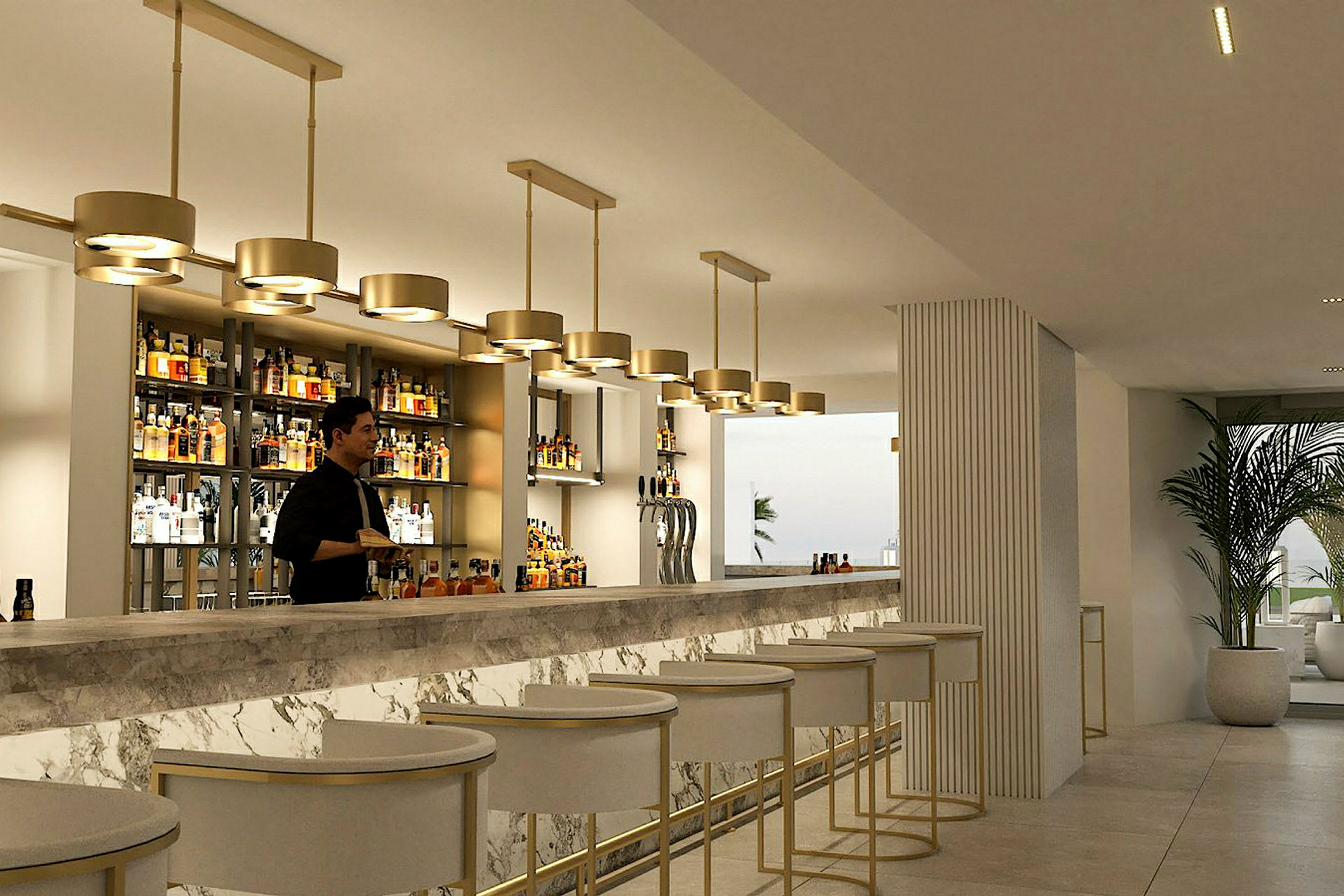 Moderne bar med marmordisk og velutstyrte hyller under hengende lamper. (AI-generert tekst)