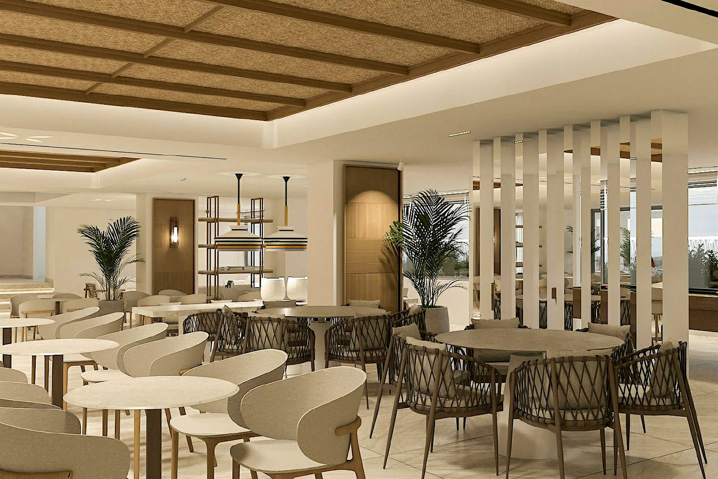 Moderne restaurantinteriør med bord, stoler og dekorative planter. (AI-generert tekst)