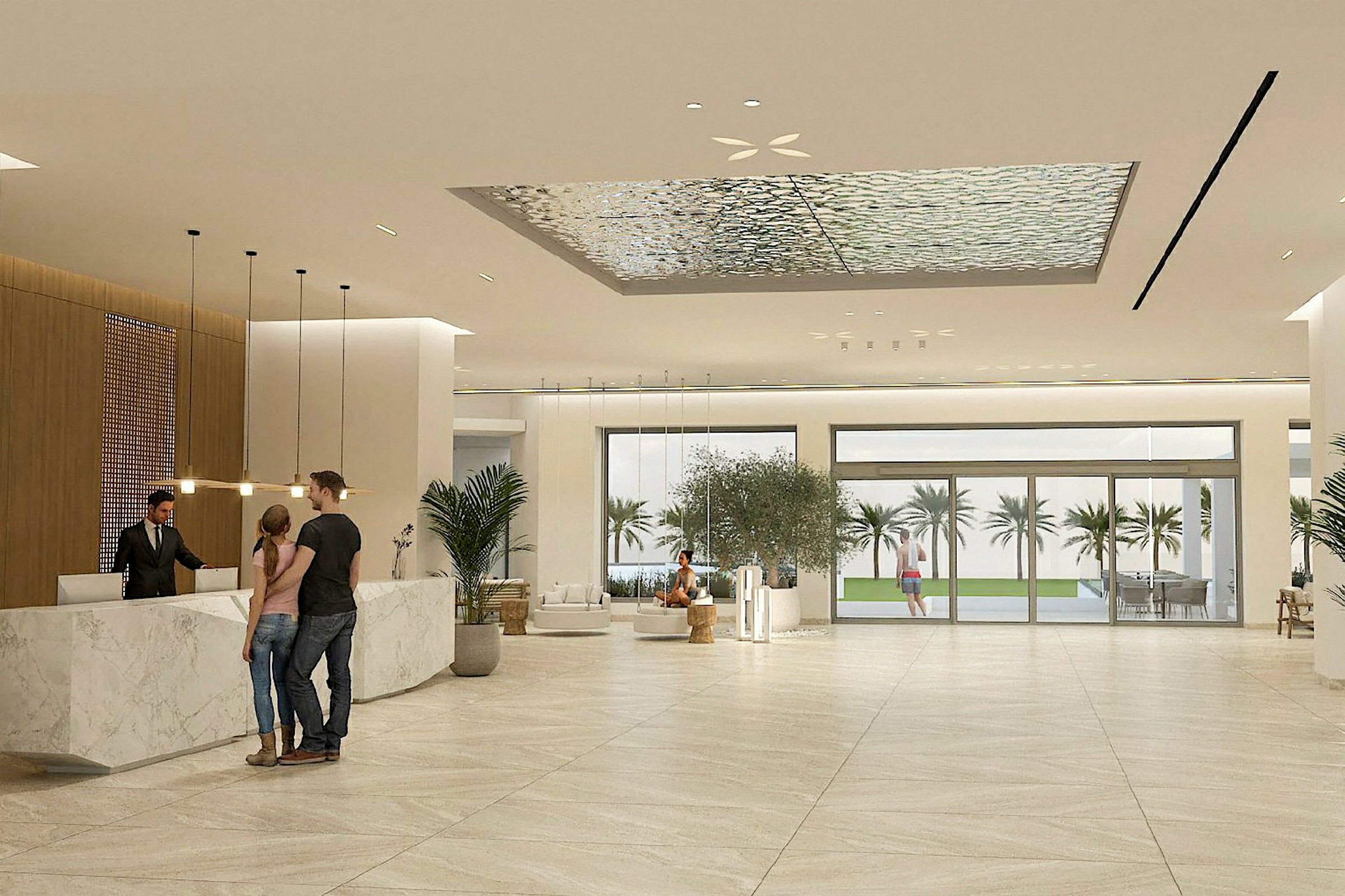 Hotellobby med stor glassentré, resepsjon med marmordisk og elegant innredning. (AI-generert tekst)
