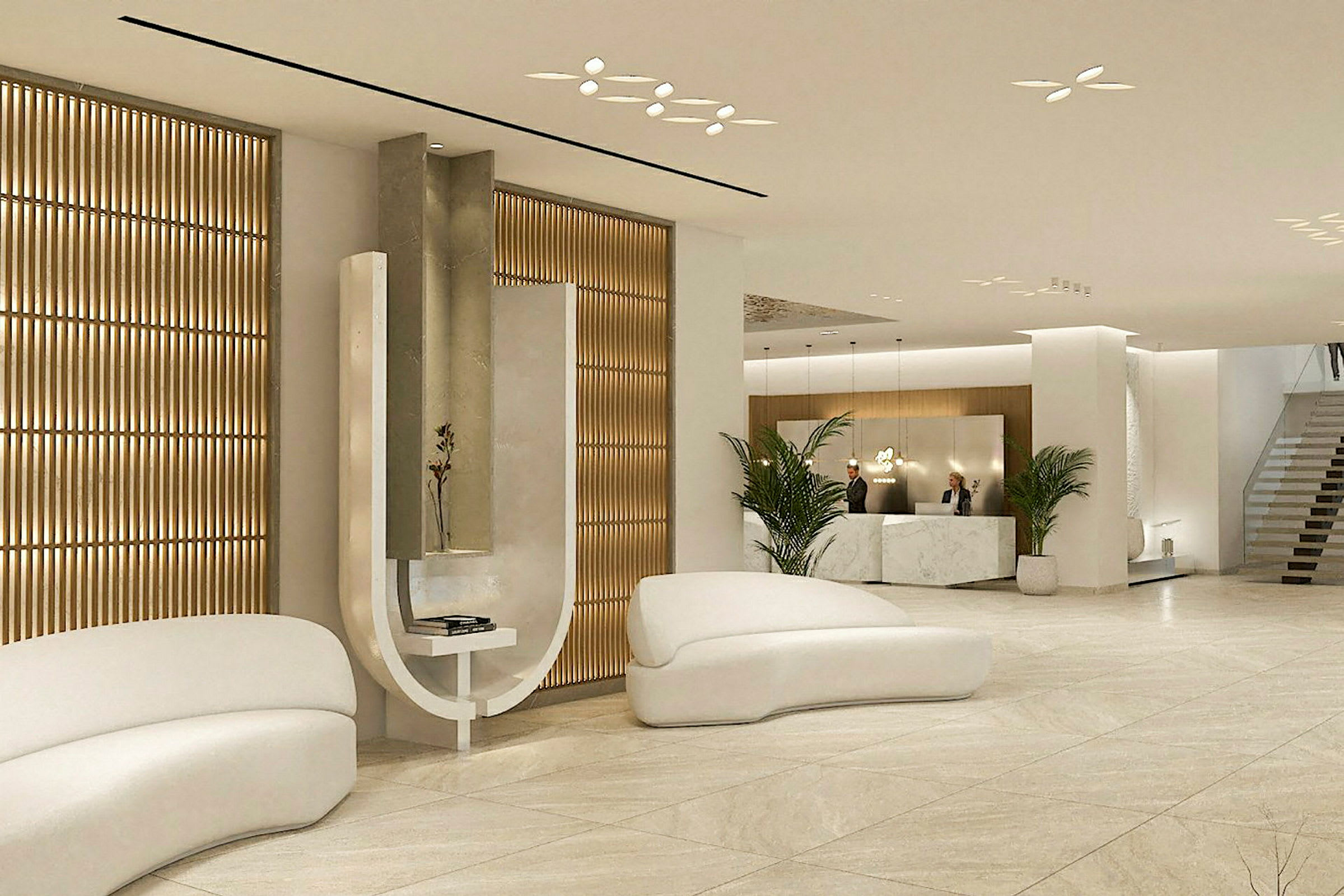 Moderne hotellobby med resepsjon og sittemøbler. (AI-generert tekst)