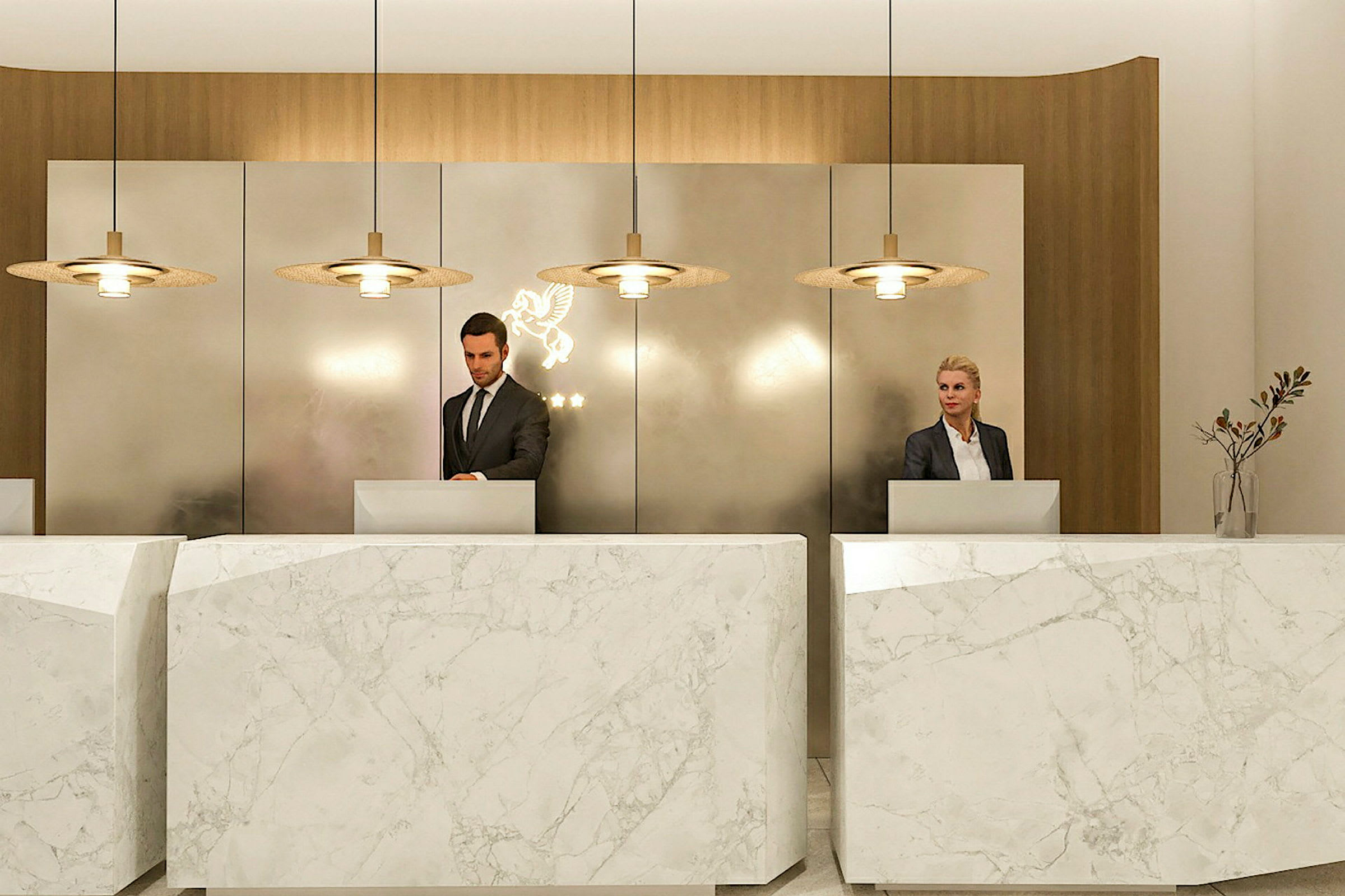 Resepsjon i hotellobbyen med marmordisker og moderne taklamper. (AI-generert tekst)