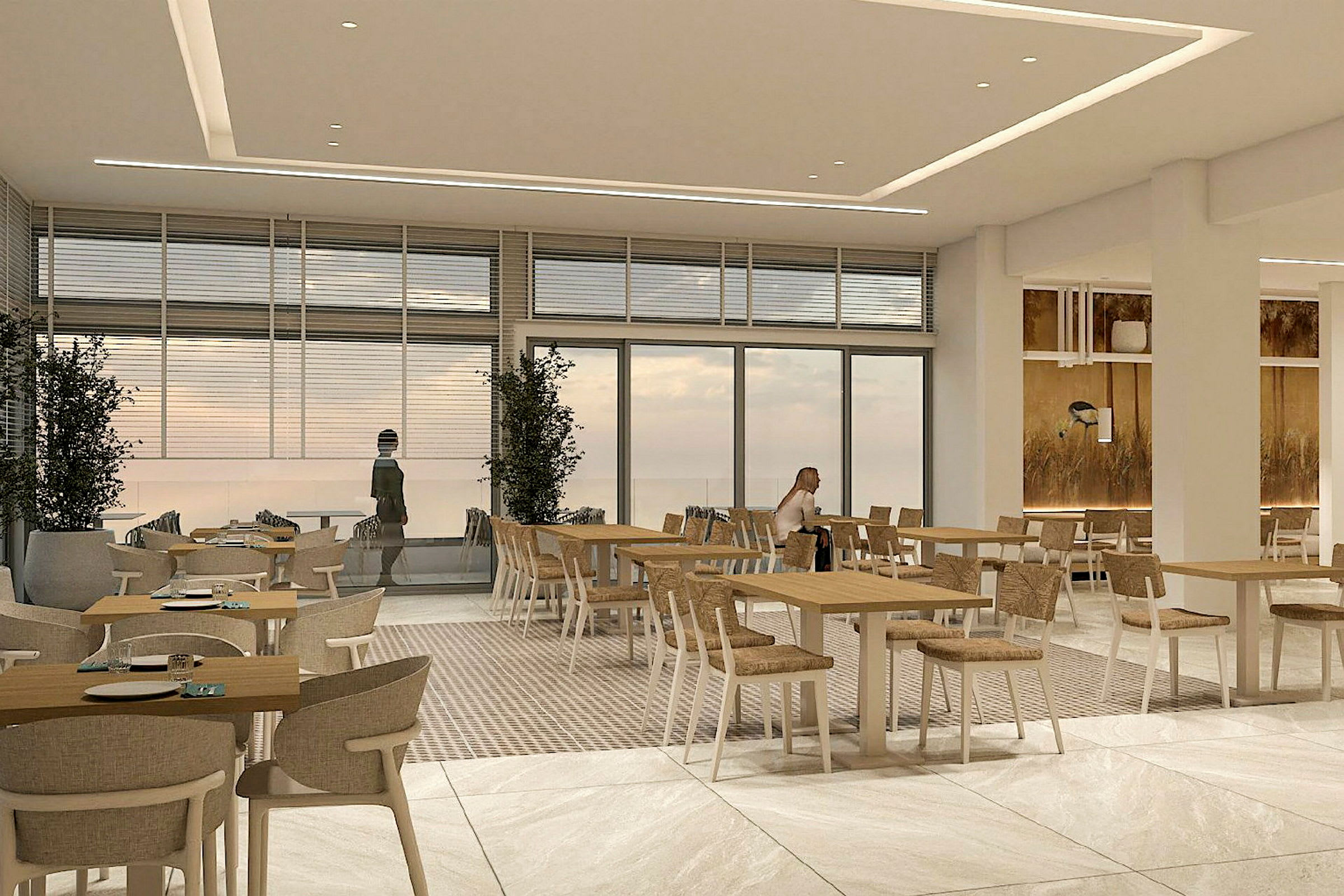 Restaurant med moderne møbler og store vinduer med utsikt. (AI-generert tekst)