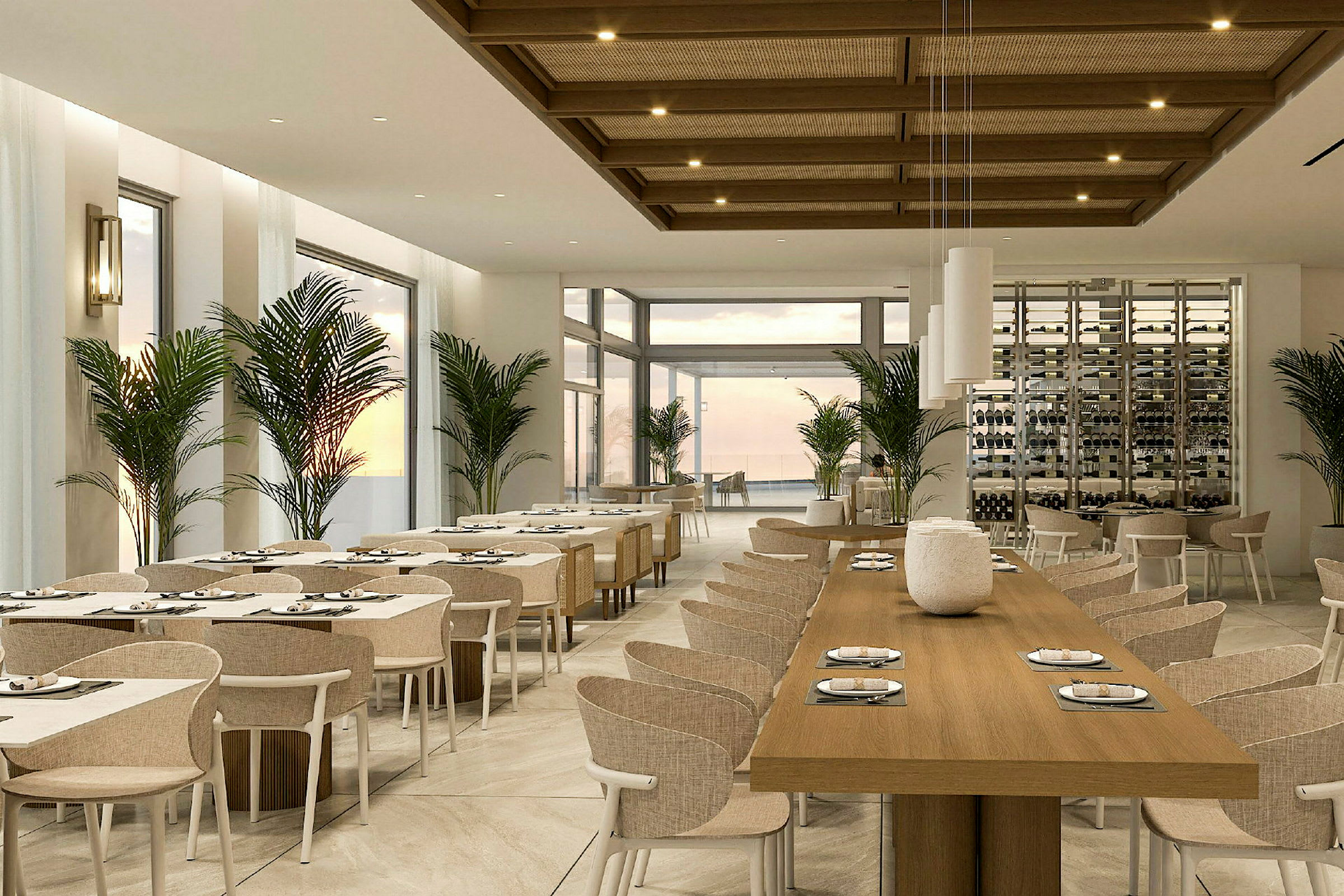En moderne restaurant med hvite vegger, tremøbler og bord dekket med duker. (AI-generert tekst)