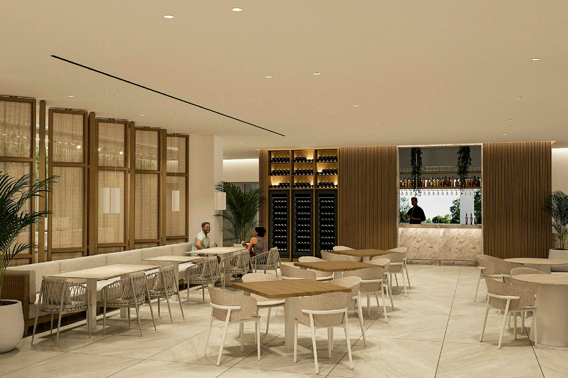 Interiør av en moderne restaurant med sittegrupper, bar og vinlagring. (AI-generert tekst)