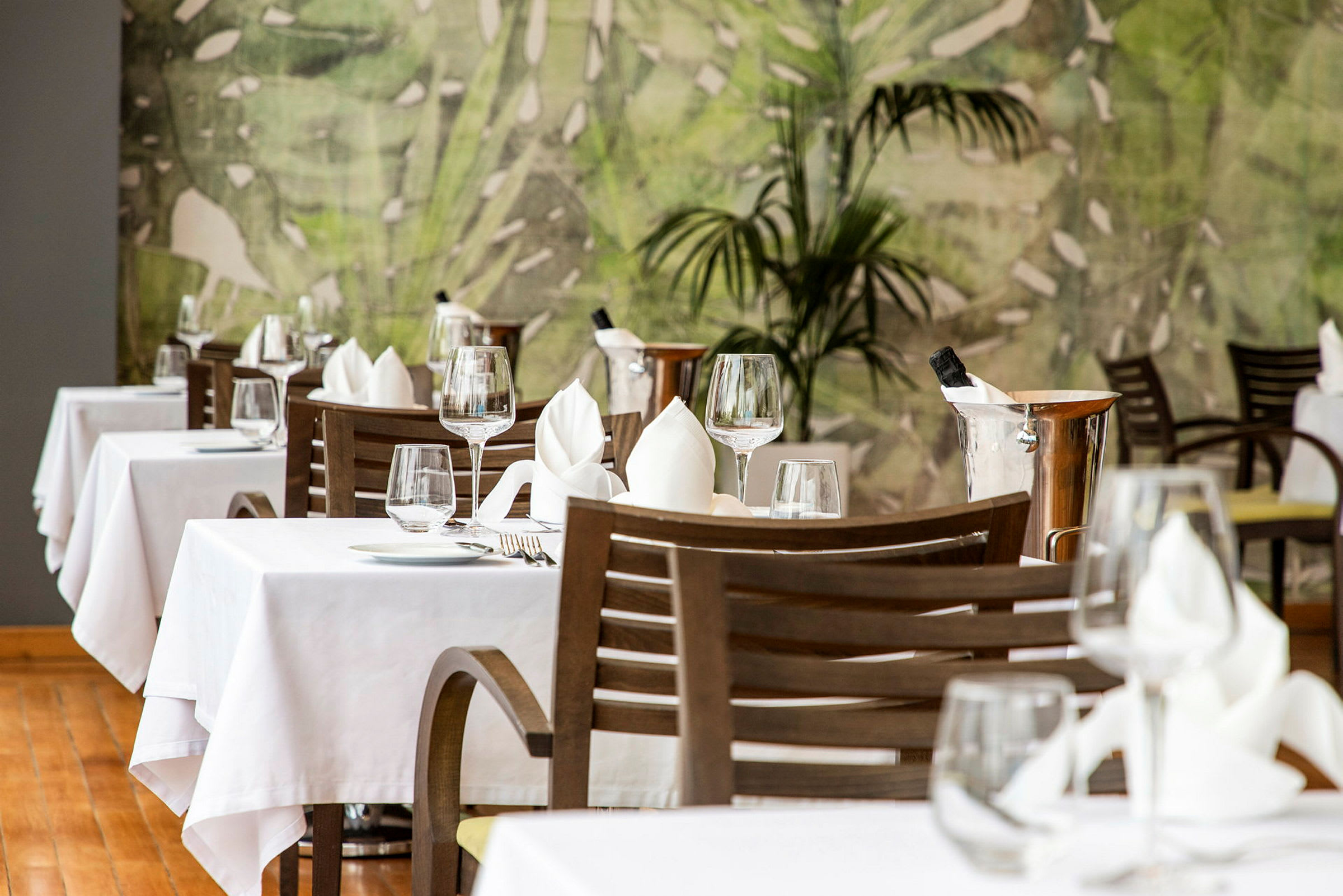 Restaurant med dekkede bord, hvit duk, glass og bestikk. Grønn bakgrunn. (AI-generert tekst)