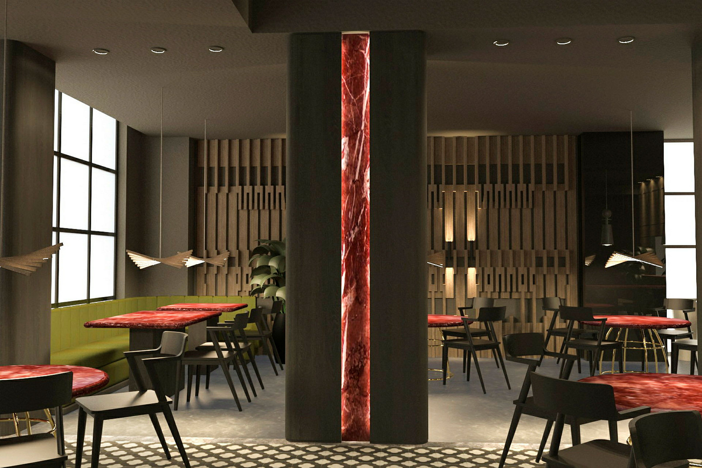 Moderne restaurantinteriør med marmorbord, svarte stoler og dekorativ belysning. (AI-generert tekst)