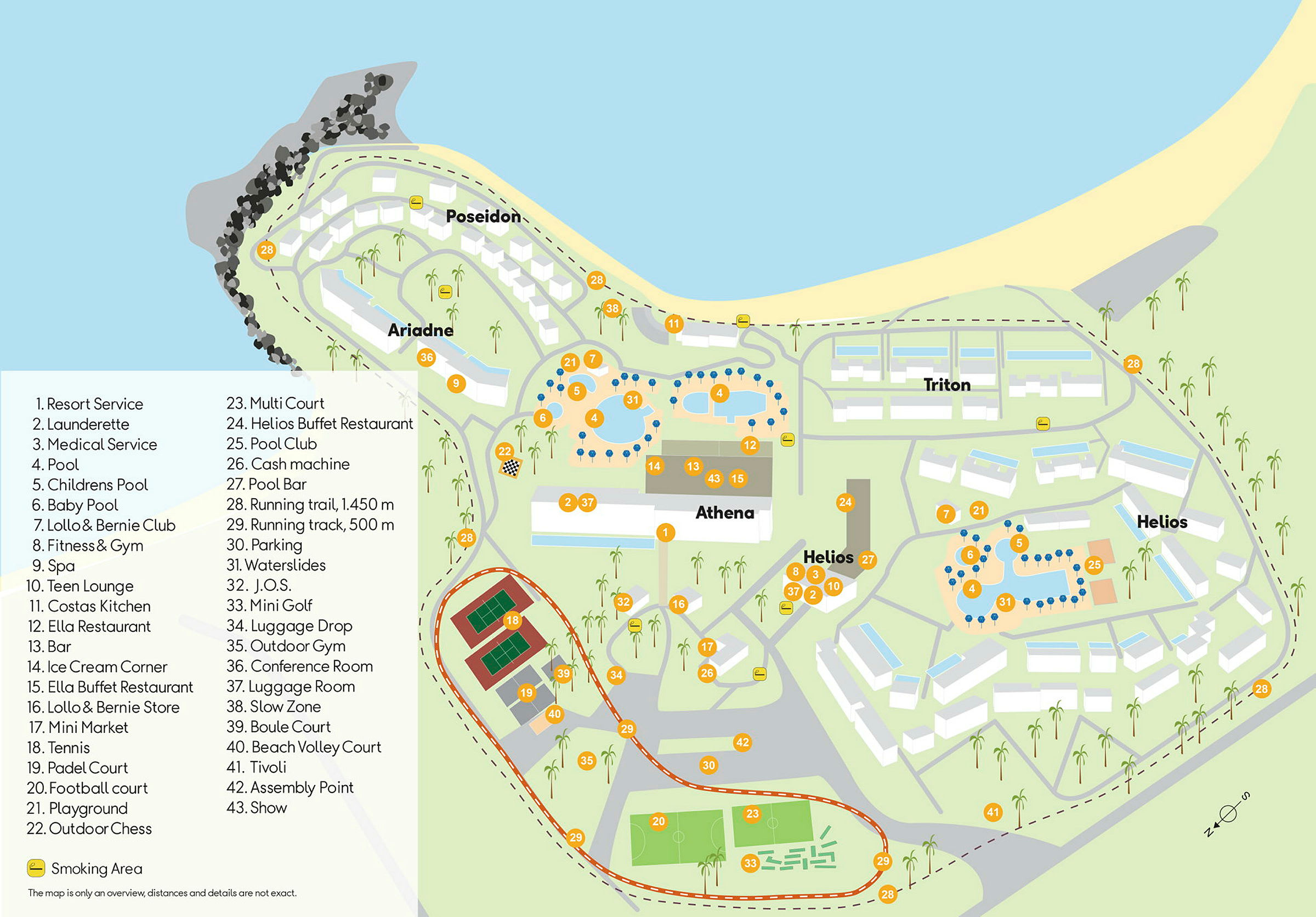 Et kart over et ferieområde med ulike bygninger, bassenger, sportsanlegg og andre fasiliteter, omgitt av havet og stranden. (AI-generert tekst)