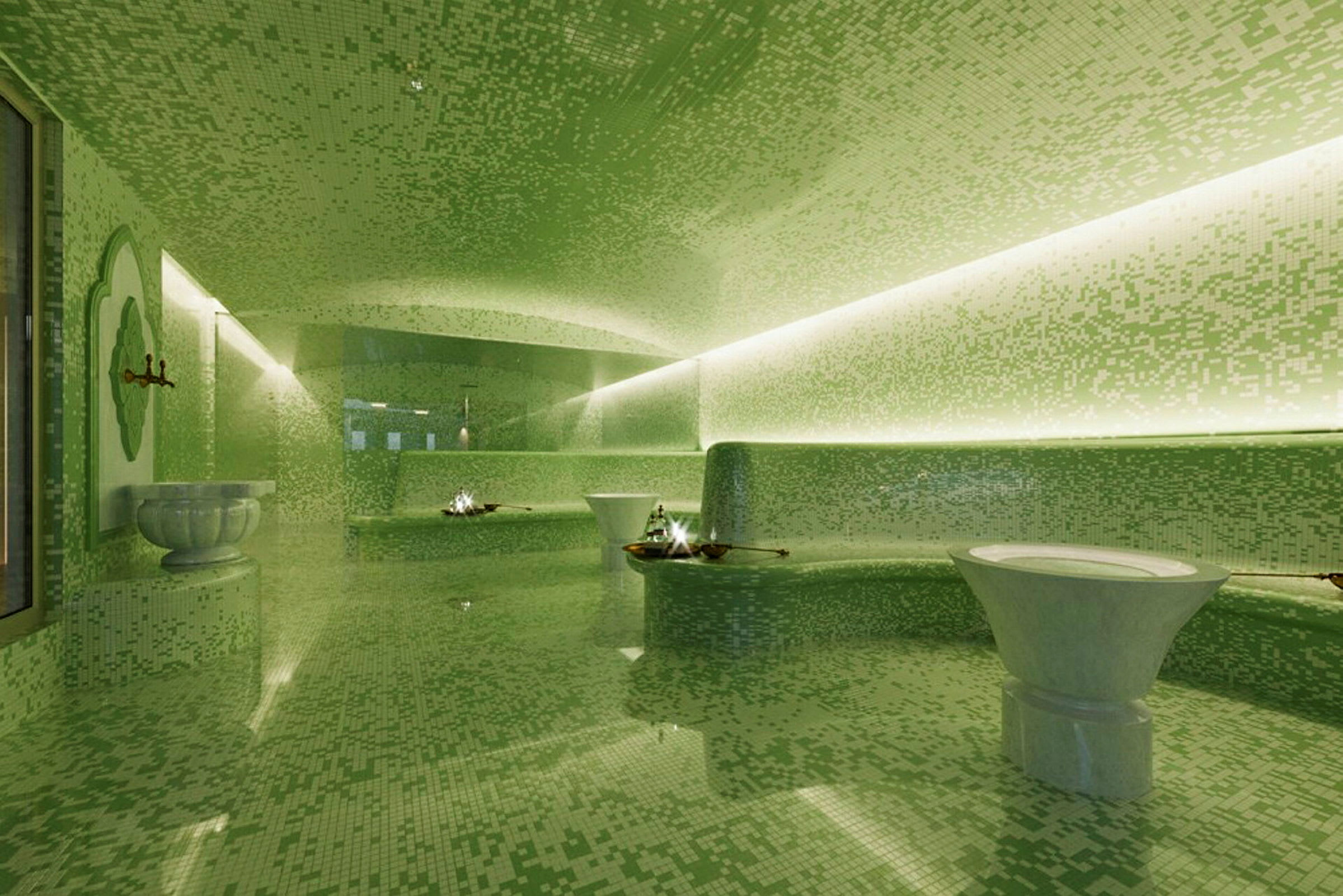 Et moderne spa med grønne mosaikkvegger og fontener. (AI-generert tekst)