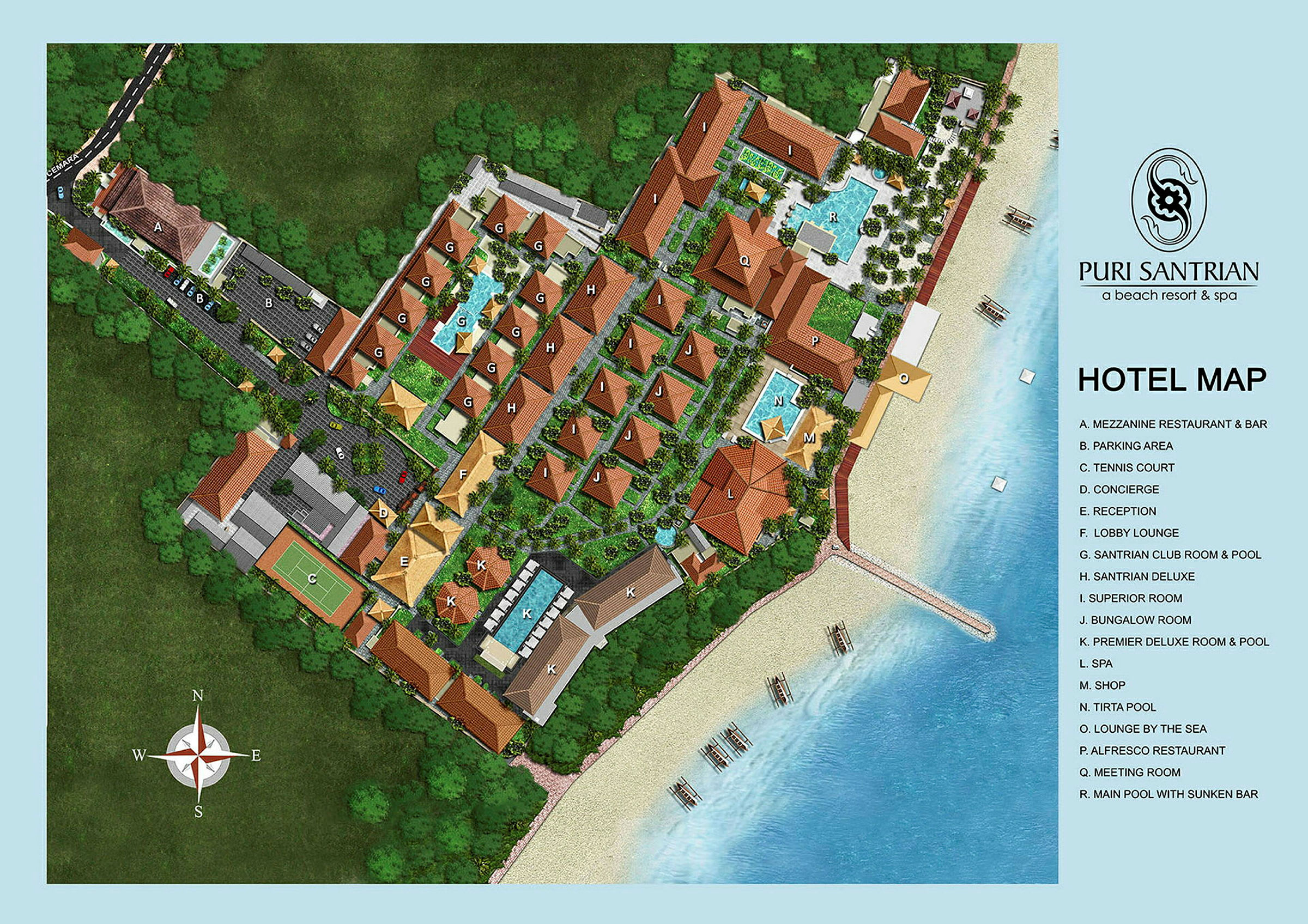 Kart over Puri Santrian Beach Resort & Spa, inkludert bygninger og fasiliteter. (AI-generert tekst)