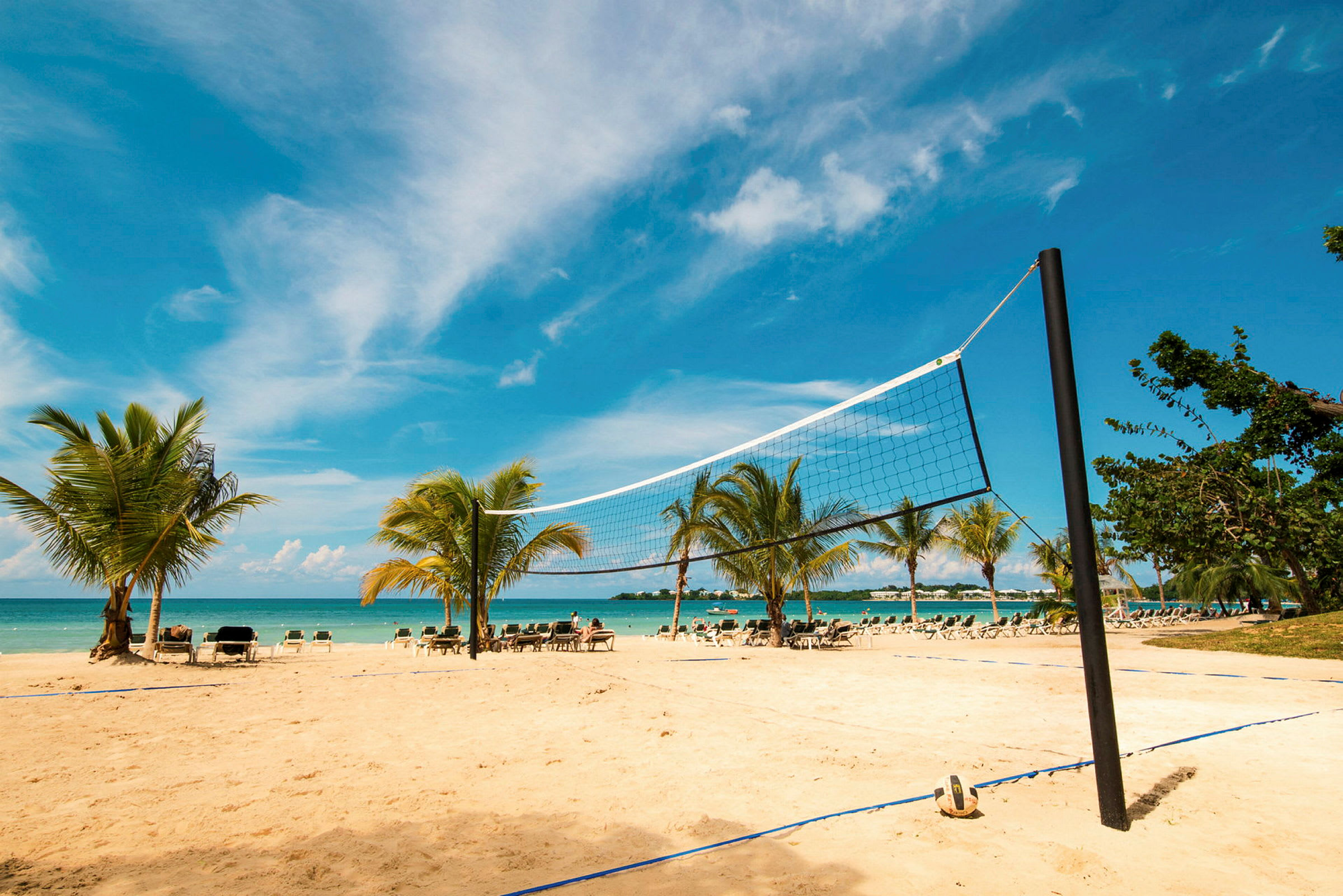 En strand med et volleyballnett, sand og palmer i en tropisk setting. (AI-generert tekst)