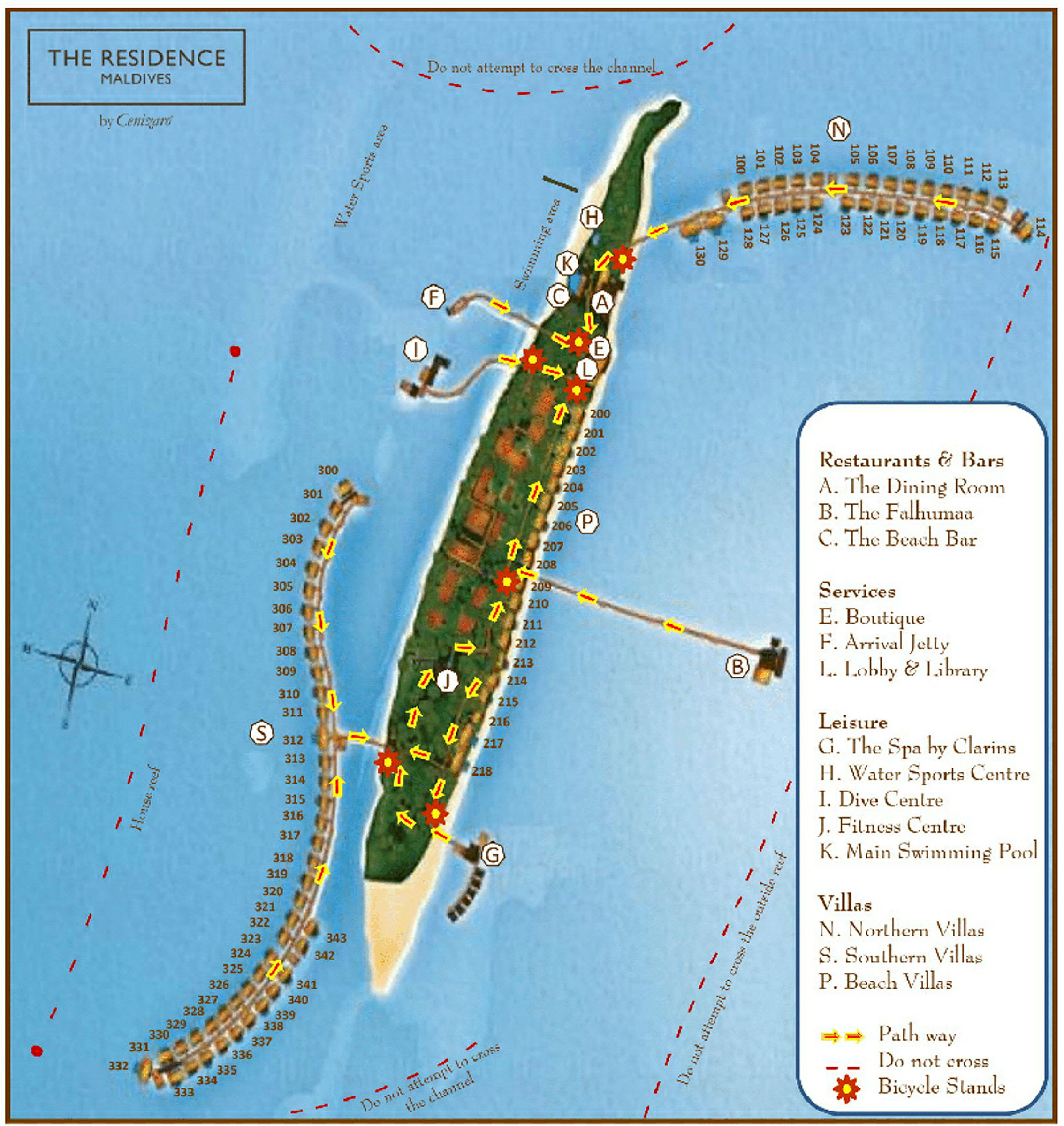 Kart over The Residence Maldives med markerte områder for restauranter, barer, tjenester, fritidsaktiviteter og bostedstyper. (AI-generert tekst)