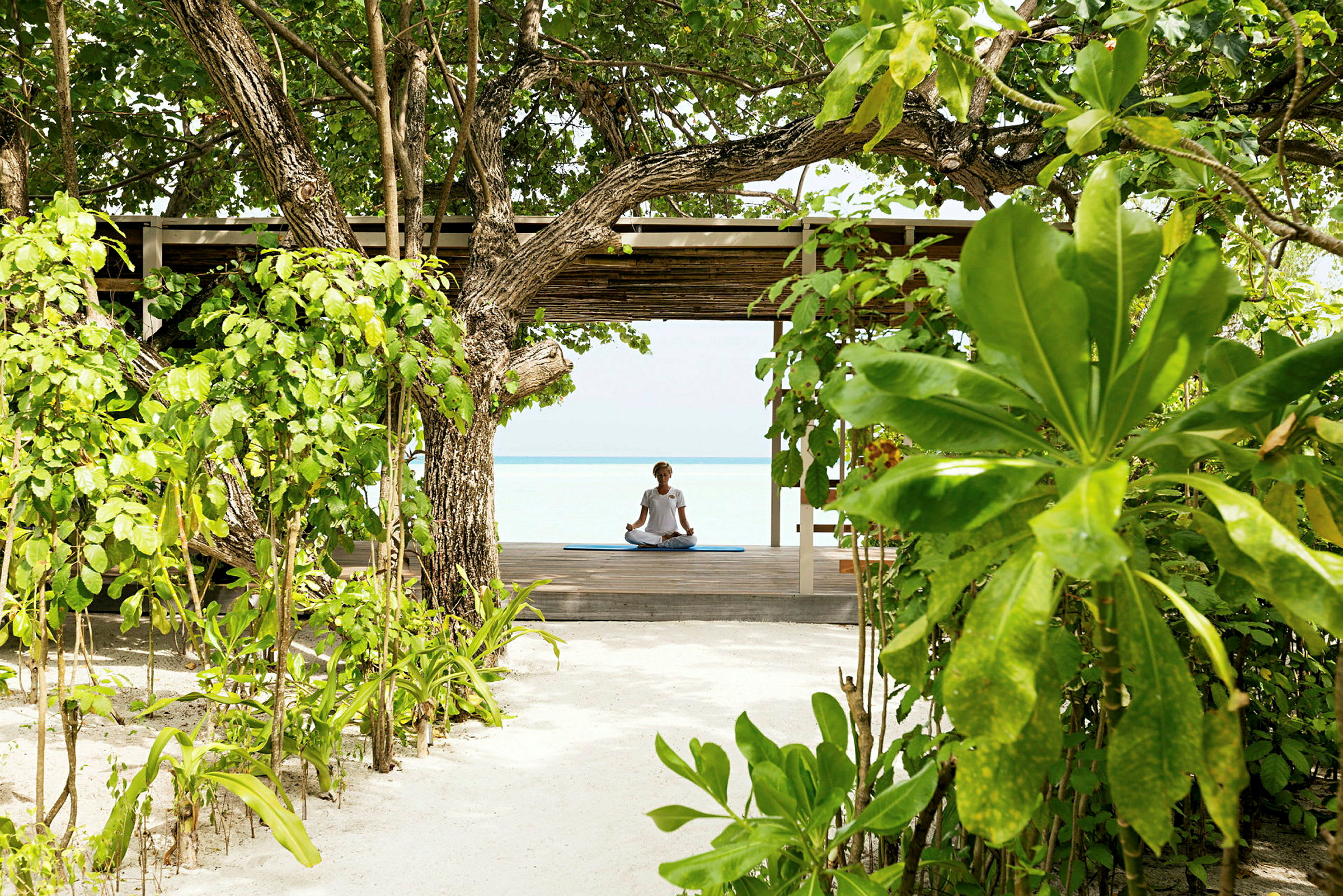 En person sitter og mediterer på en plattform omgitt av tropiske planter med utsikt mot havet. (AI-generert tekst)