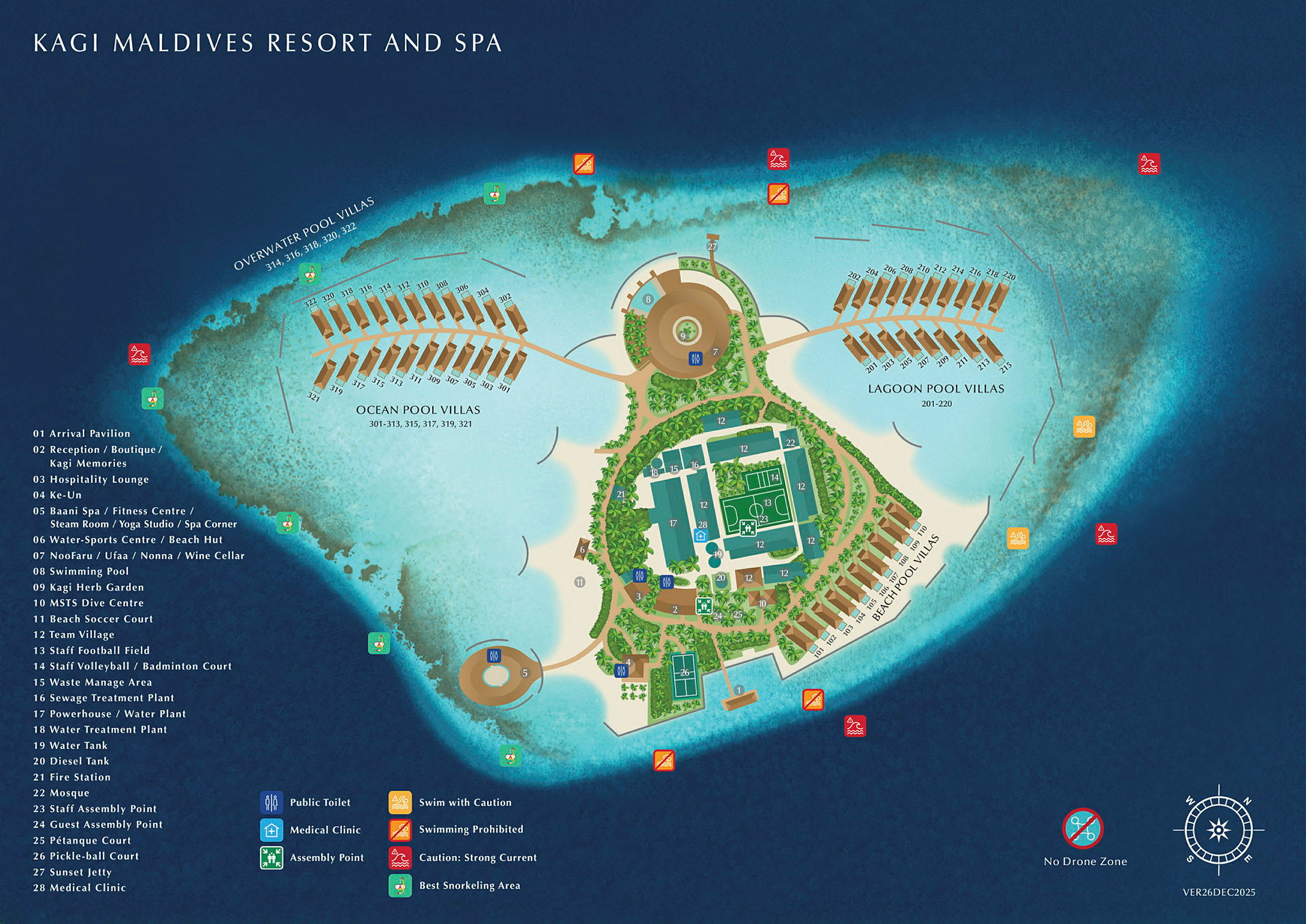 Kartillustrasjon av resorten Kagi Maldives Resort and Spa med markerte bygninger, fasiliteter og områder på en øy. (AI-generert tekst)