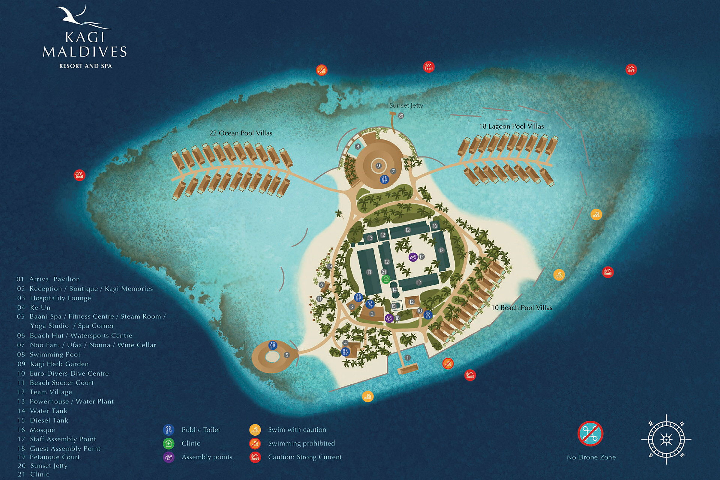 Illustrert kart over Kagi Maldives Resort og fasilitetene. (AI-generert tekst)
