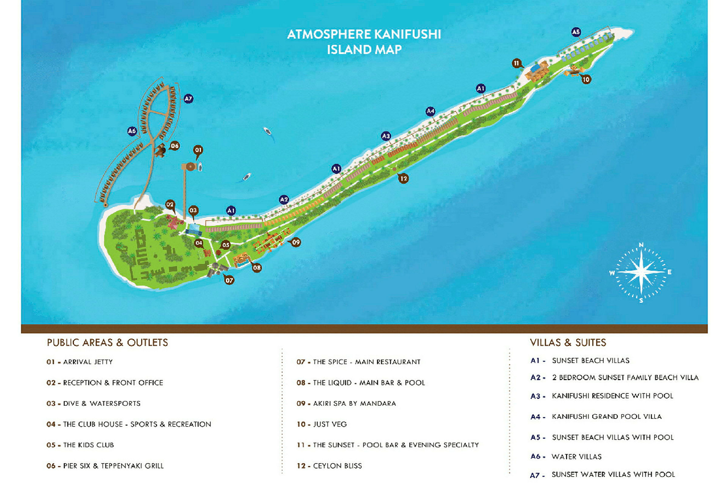 Kart over Atmosphere Kanifushi Island som viser ulike fasiliteter og overnattingsalternativer. (AI-generert tekst)