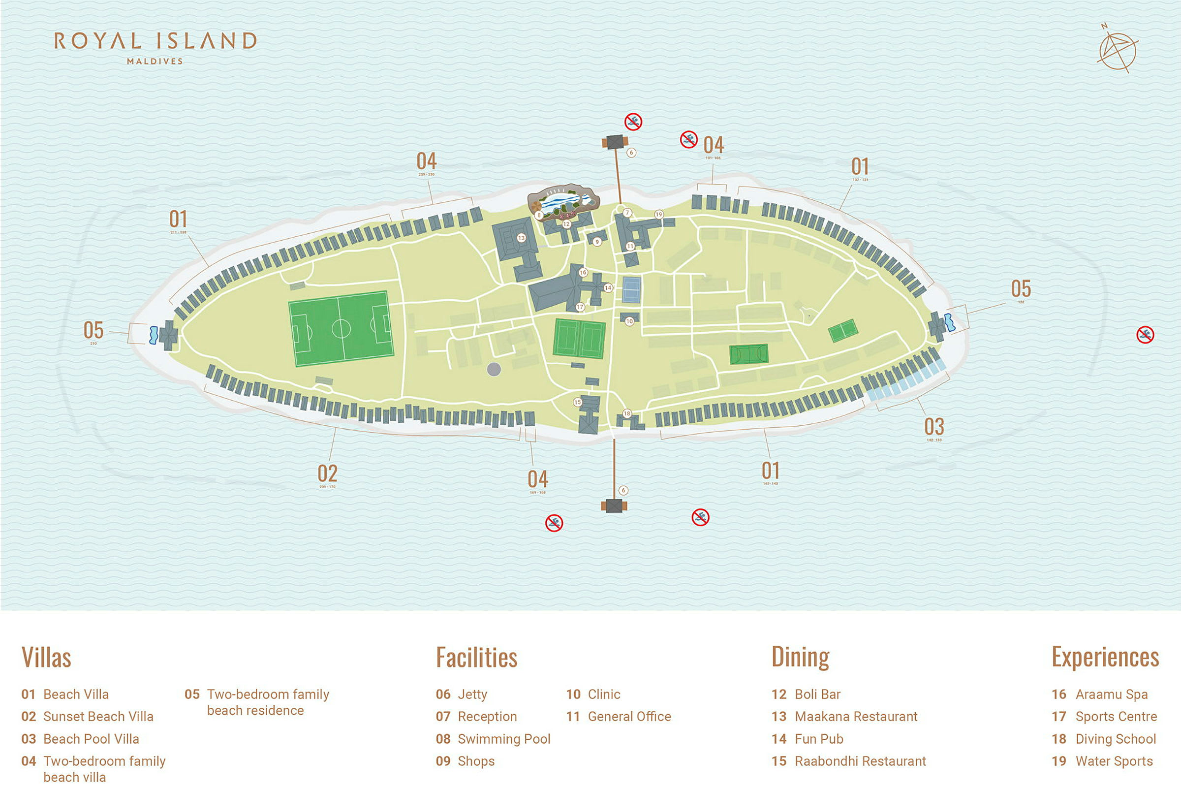 Kart over Royal Island Maldives som viser feriestedets oppsett og fasiliteter. (AI-generert tekst)