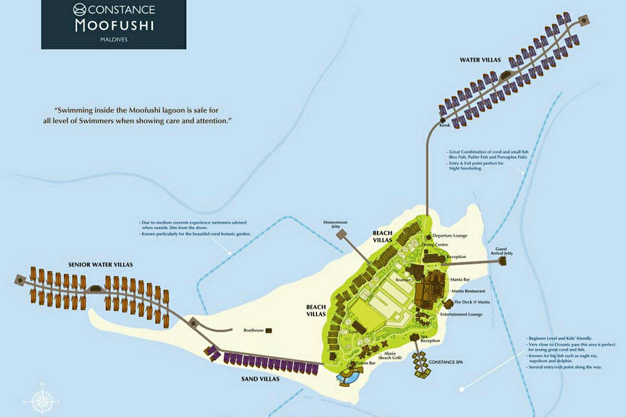Et kart over Constance Moofushi Resort på Maldivene, inkludert forskjellige typer villaer og fasiliteter. (AI-generert tekst)