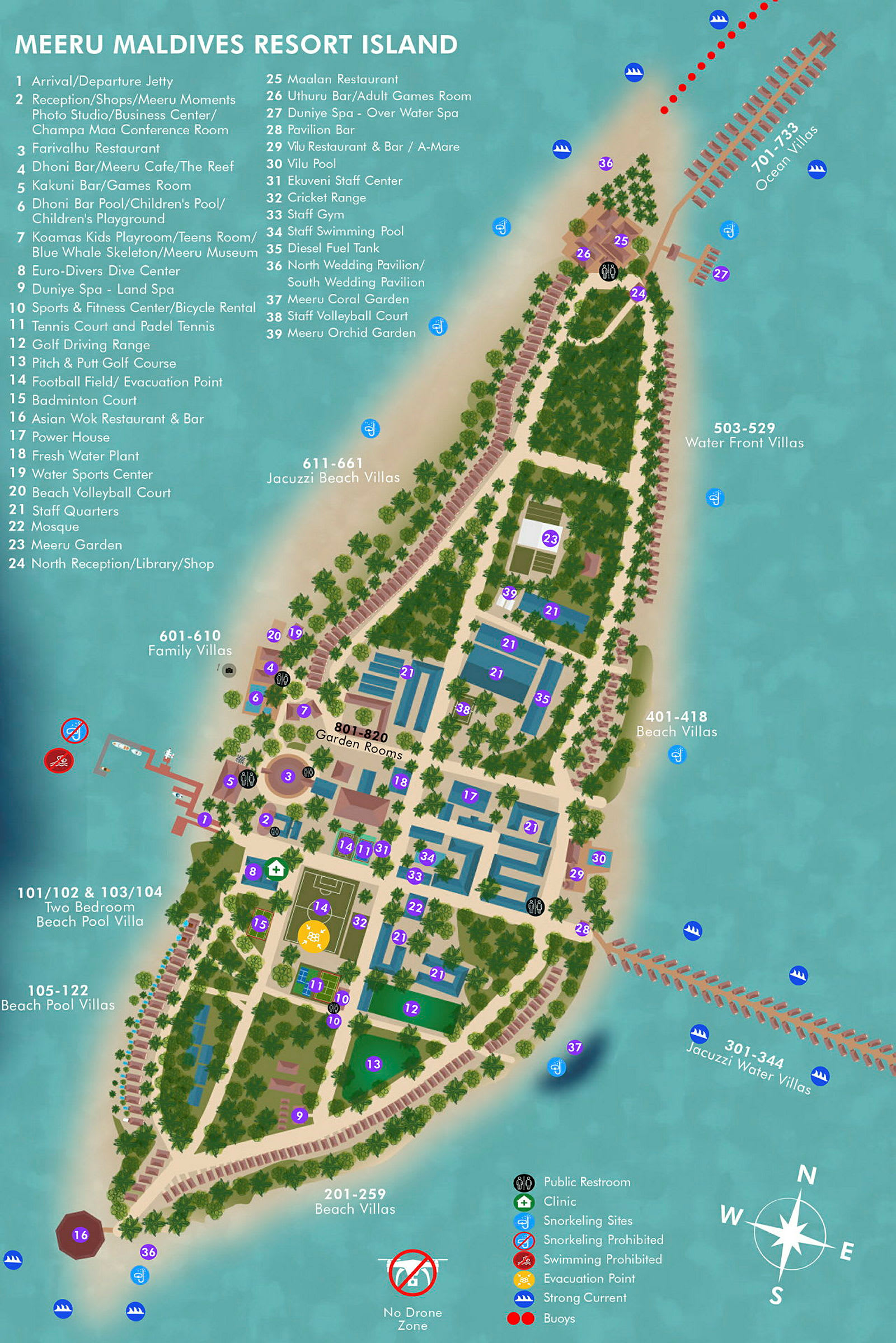 Kart over Meeru Maldives Resort Island med markerte steder og fasiliteter. (AI-generert tekst)