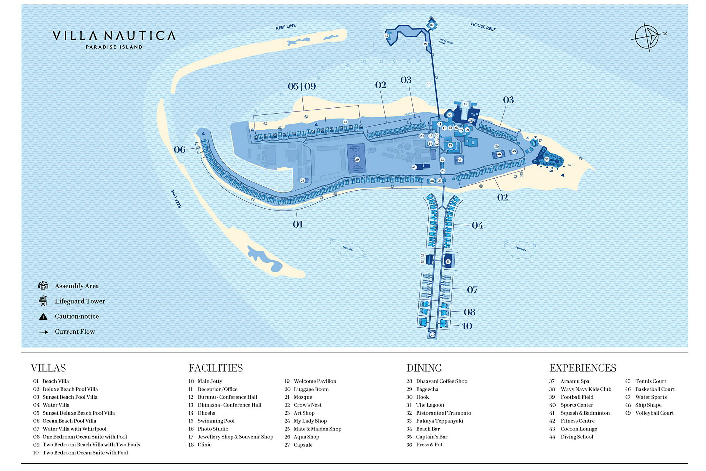 Kart over Villa Nautica Paradise Island med ulike områder, fasiliteter og villaer markert. (AI-generert tekst)