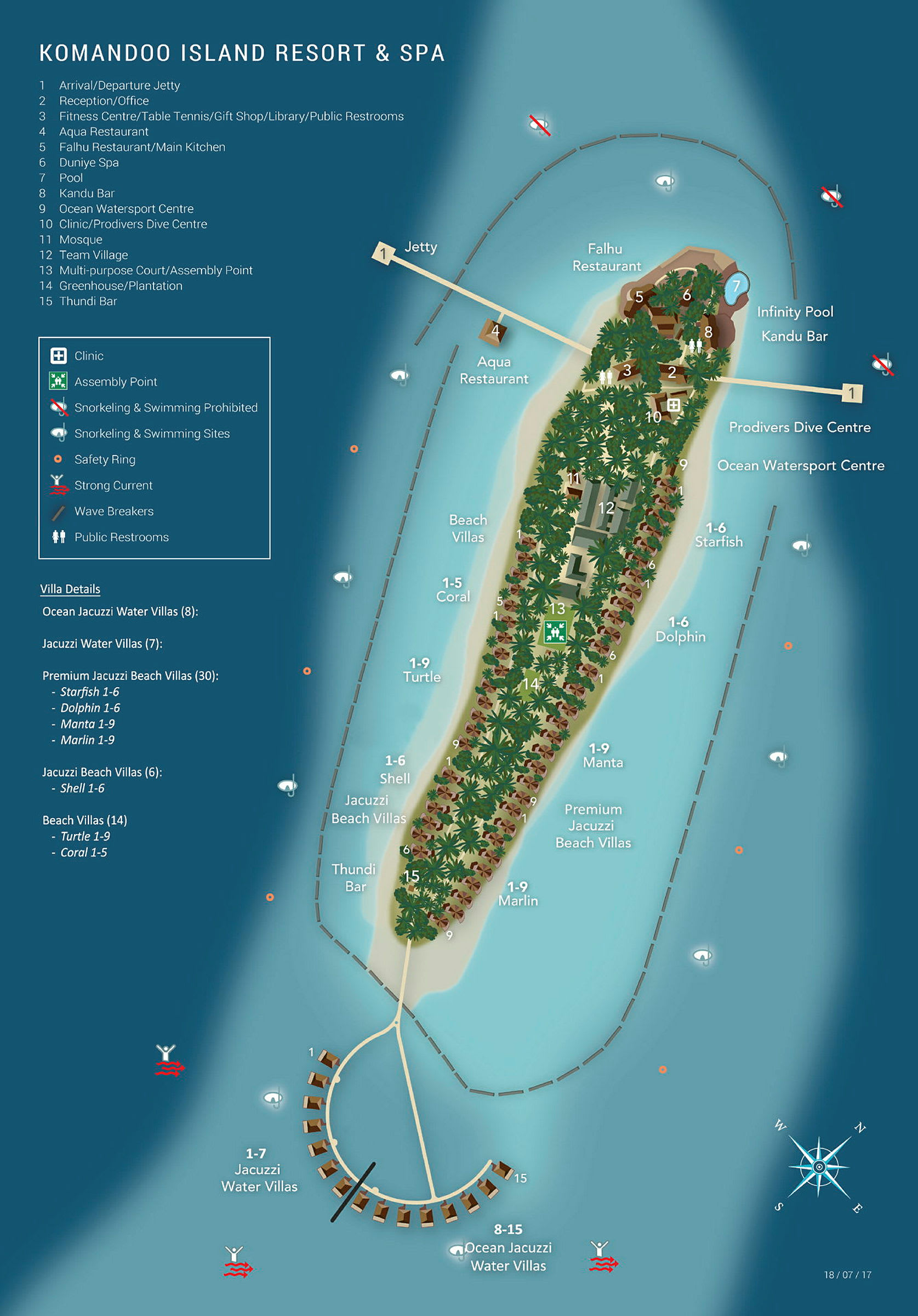 Kart over Komandoo Island Resort & Spa som viser resortens oppsett med overnatting, fasiliteter og aktiviteter. (AI-generert tekst)