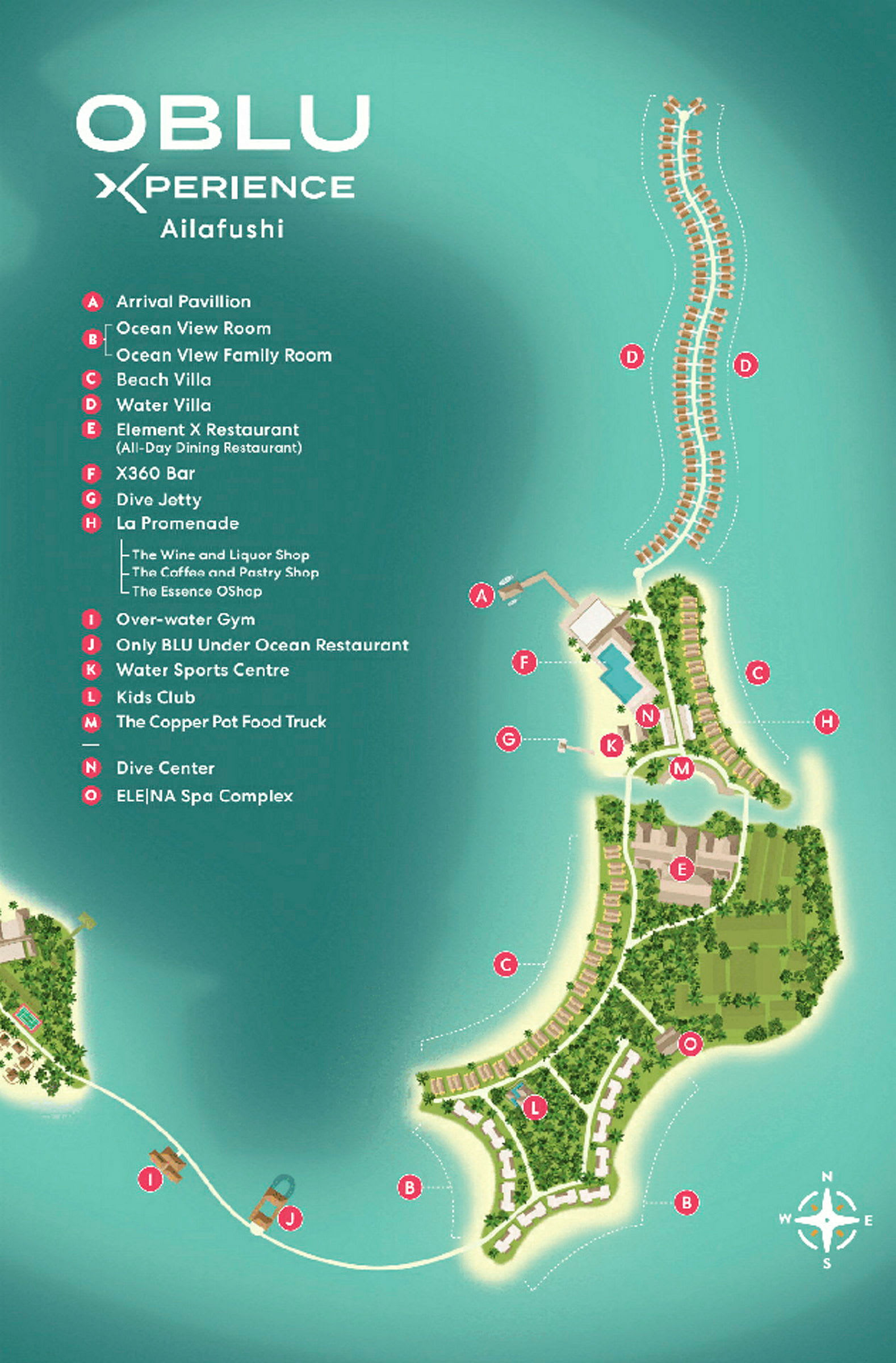 Kart over OBLU Xperience Ailafushi resort med ulike fasiliteter markert. (AI-generert tekst)