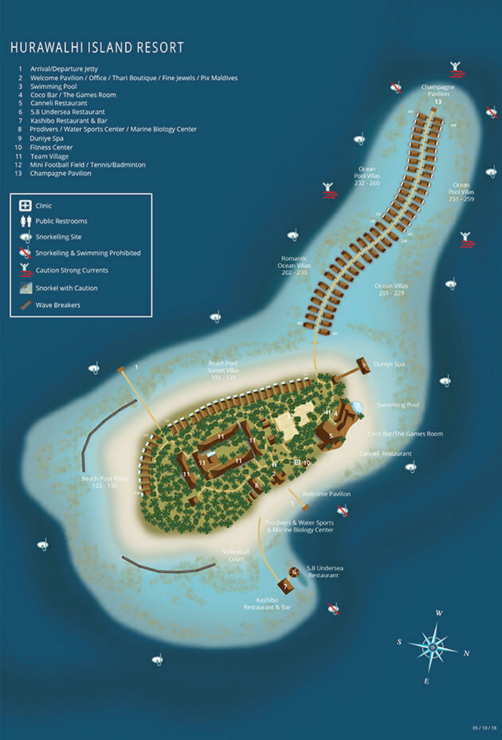 Kart over Hurawalhi Island Resort med merkede fasiliteter og overnattingssteder. (AI-generert tekst)