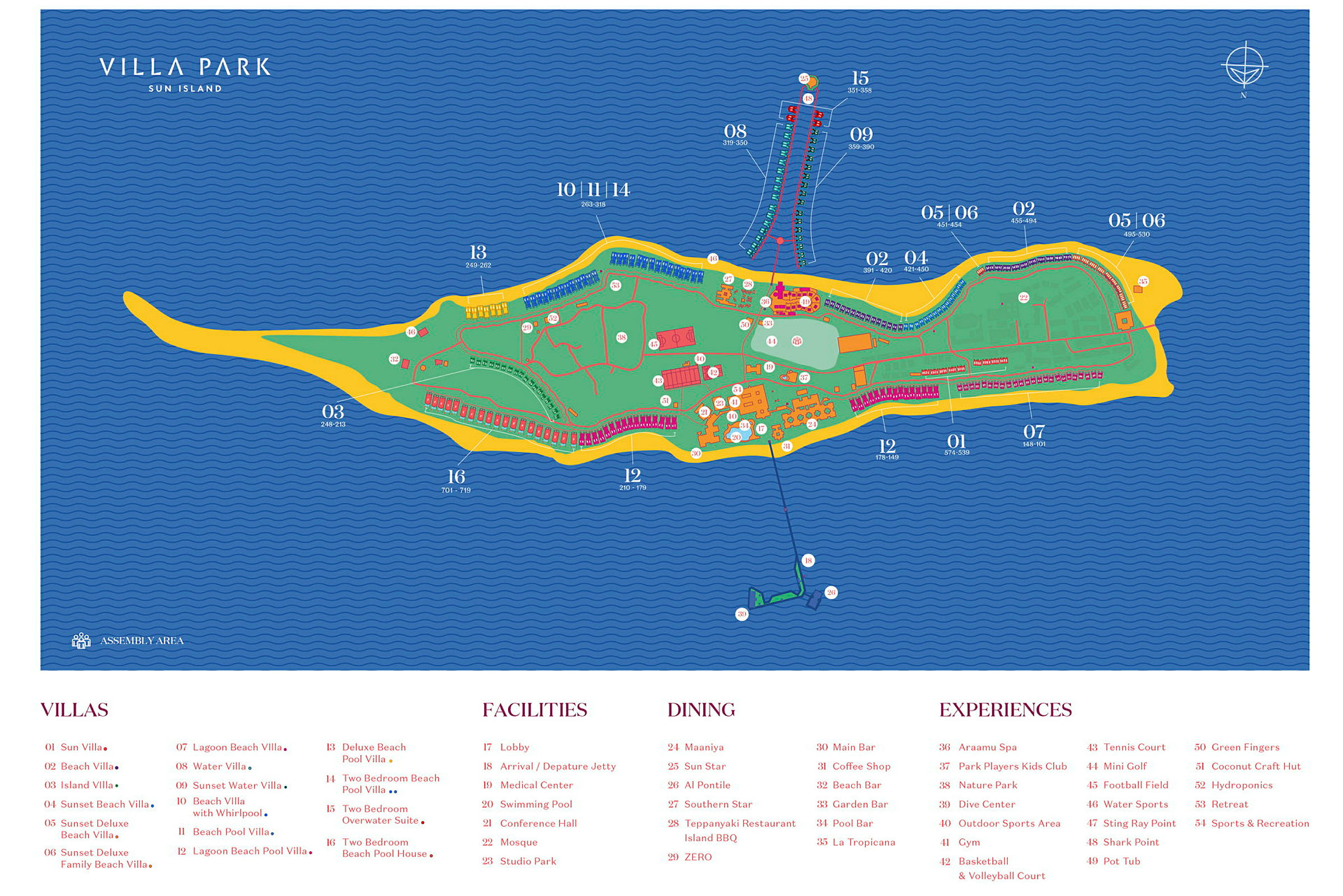 Et kart over Villa Park på Sun Island, med ulike bygninger, fasiliteter og områder markert. (AI-generert tekst)