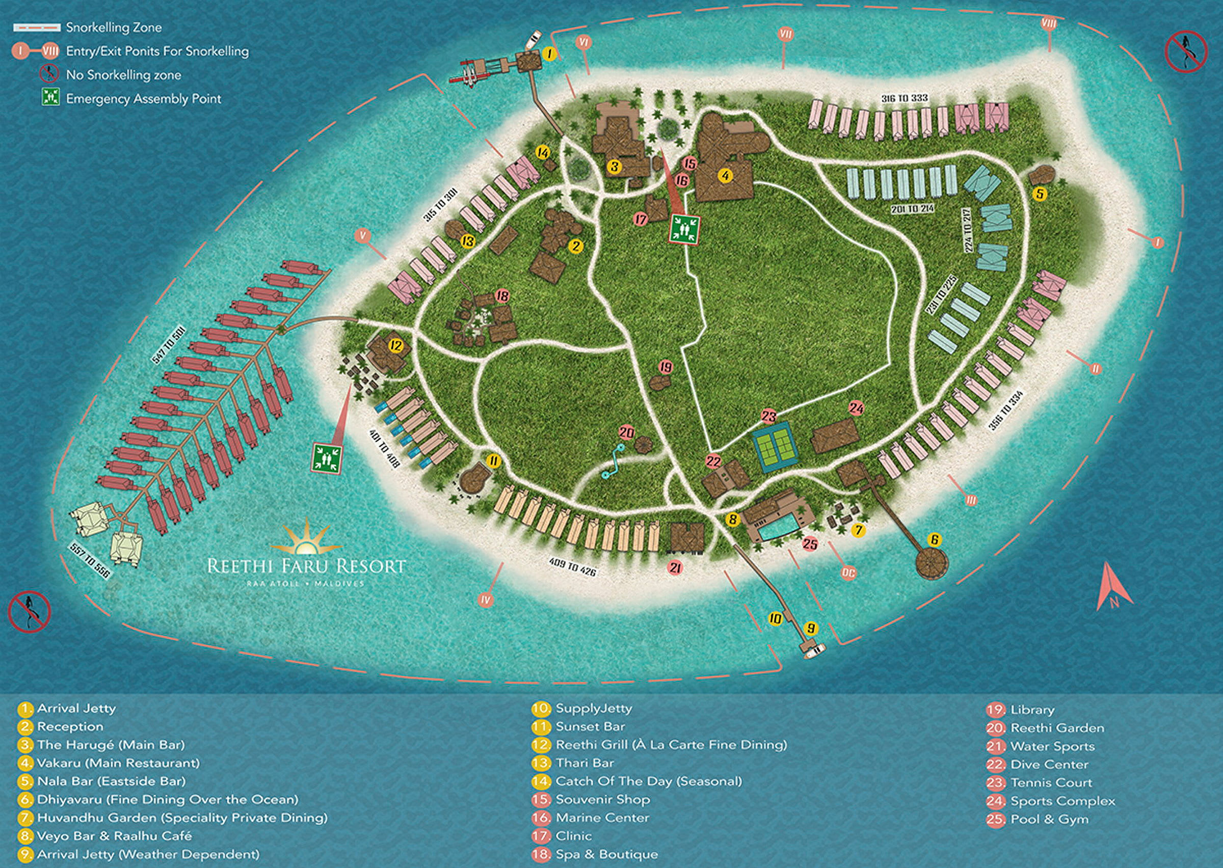 Kart over Reethi Faru Resort på Maldivene med markerte soner og bygninger. (AI-generert tekst)