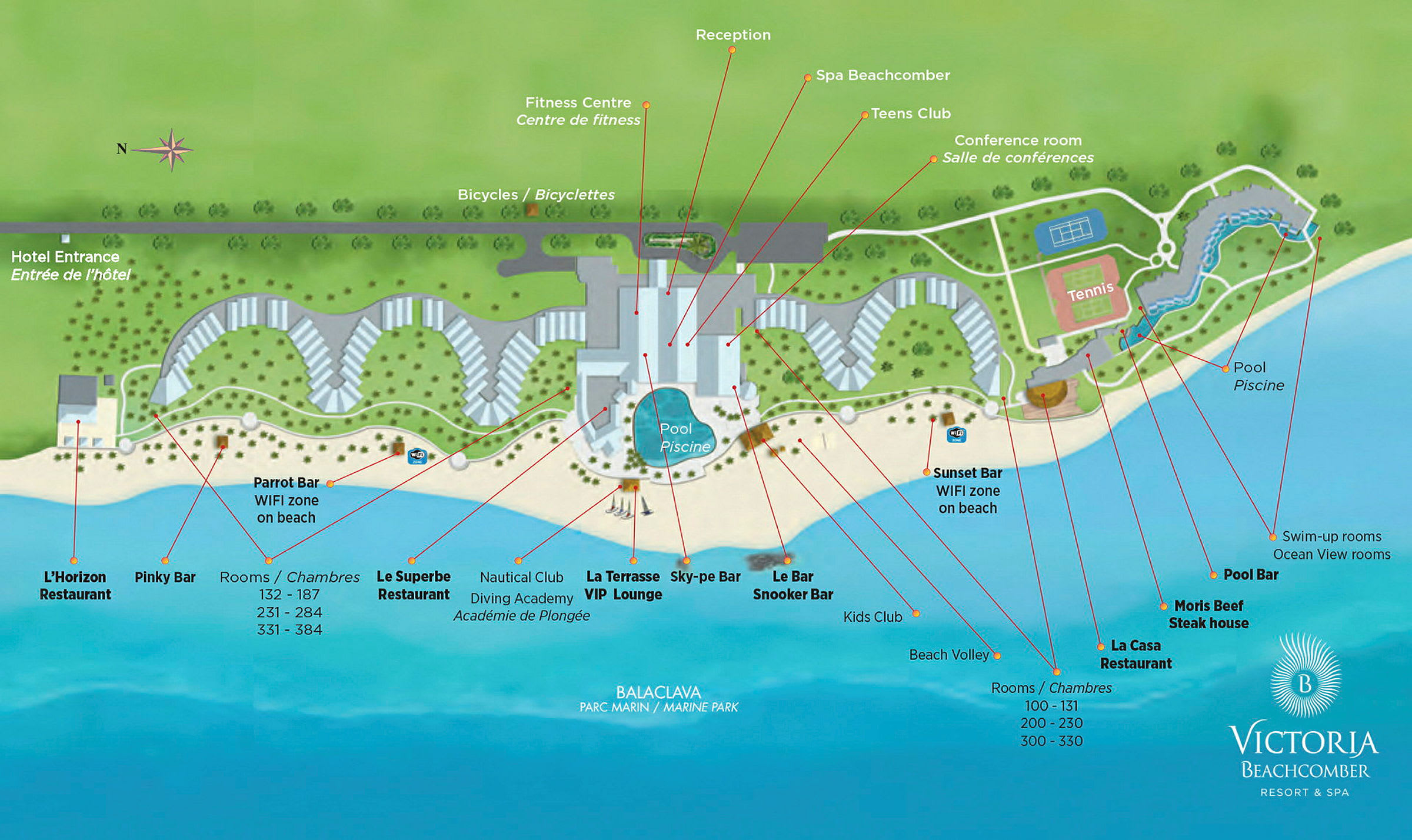 Illustrasjon av Victoria Beachcomber Resort & Spa med hotellområder, lokaler og strandfasiliteter markert. (AI-generert tekst)