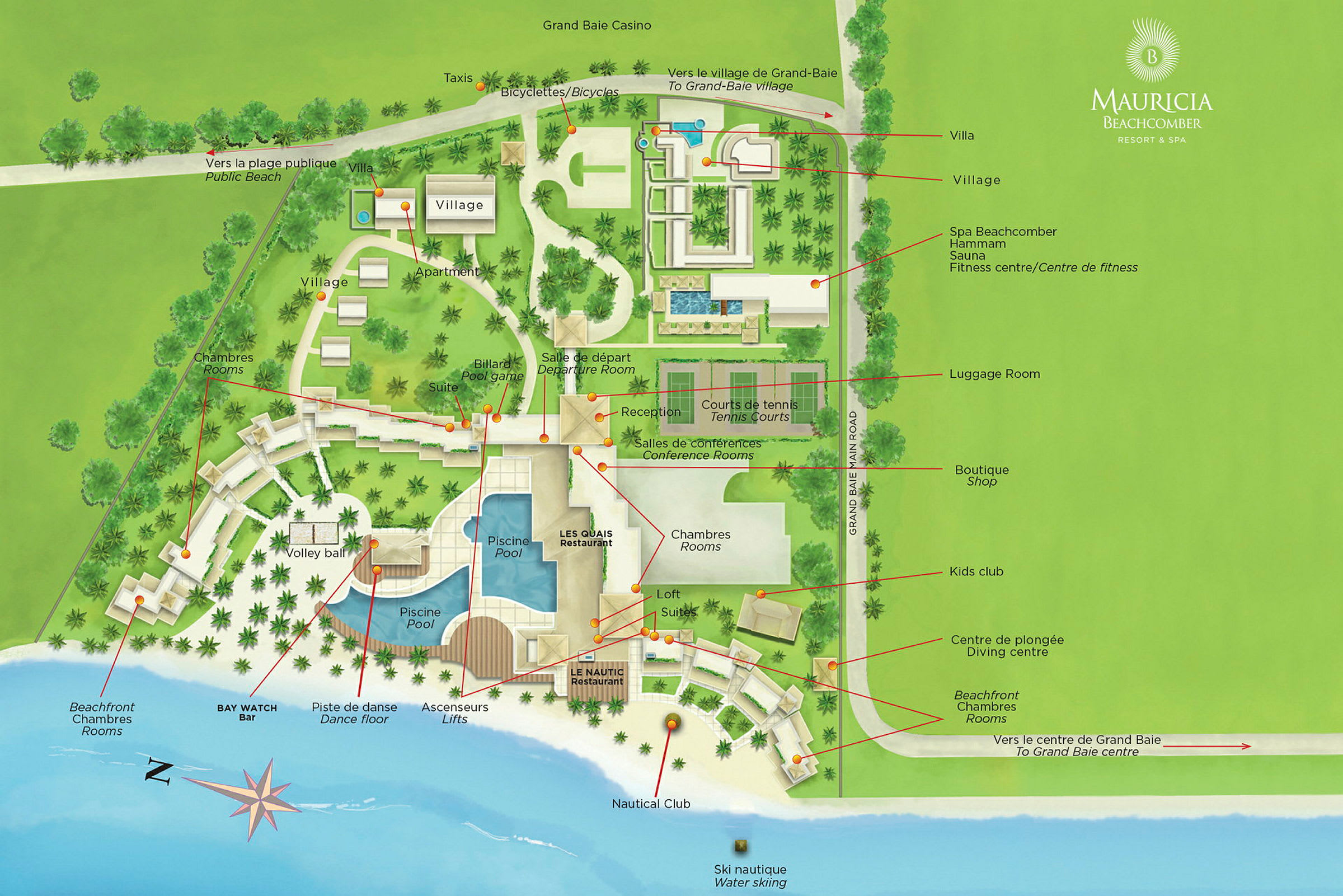 Et kart over Mauricia Beachcomber Resort med markerte områder og fasiliteter. (AI-generert tekst)