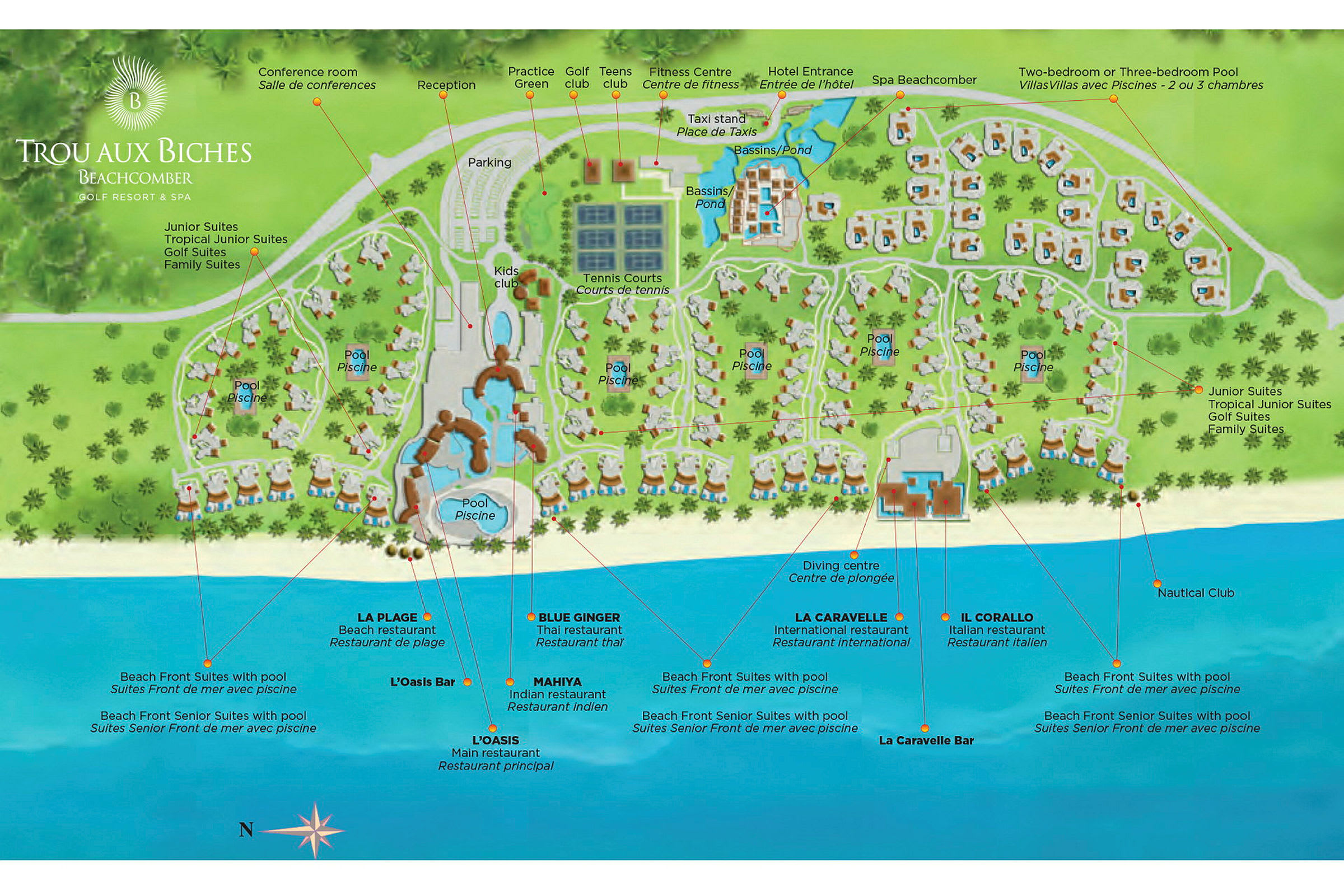 Kartet viser utformingen av Trou Aux Biches Beachcomber resort med ulike boliger, bassenger og restauranter nær stranden. (AI-generert tekst)